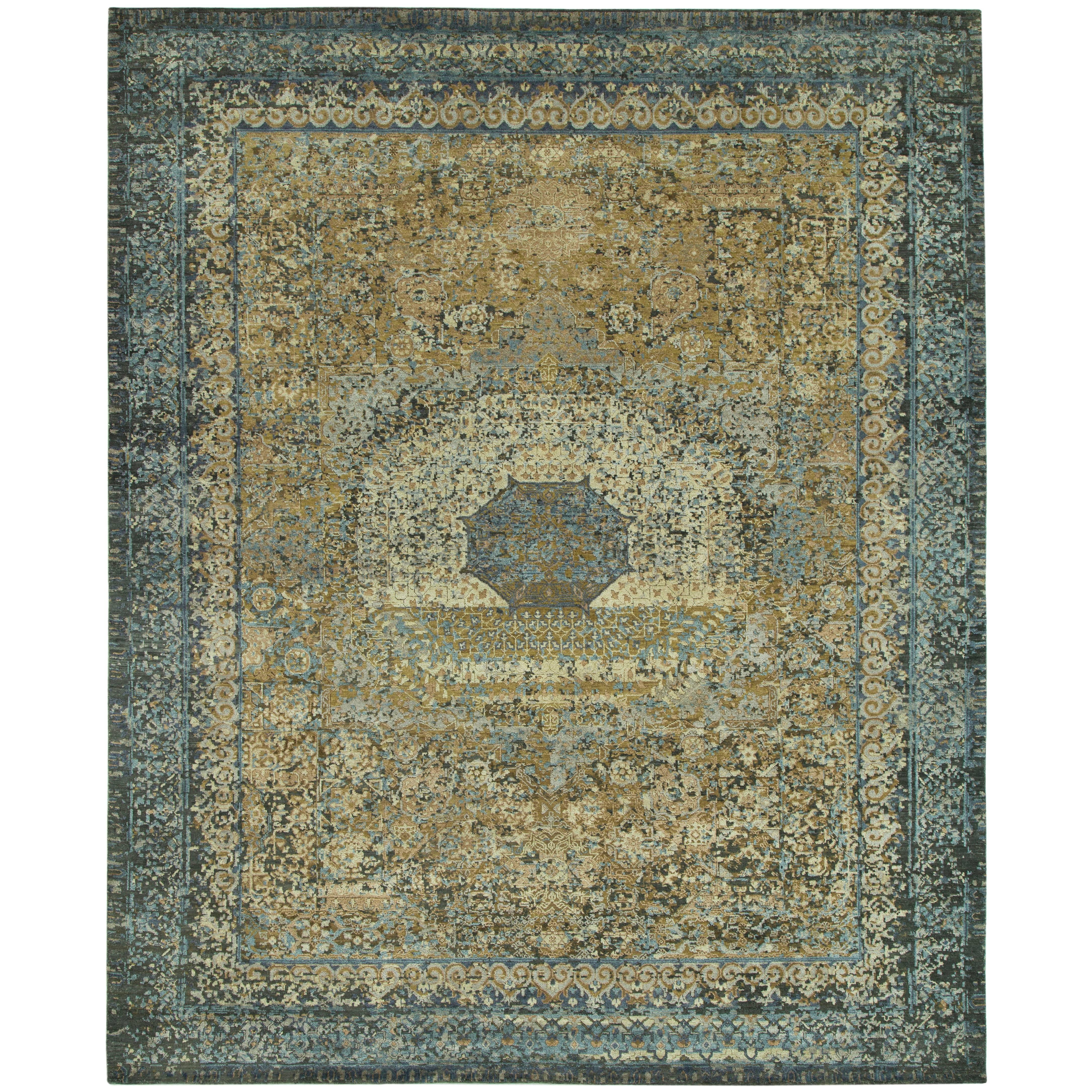 "Drona" Blue Gold Hand-Knotted Area Rug, In Stock For Sale