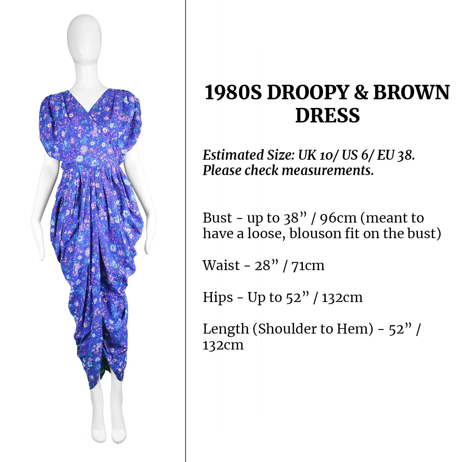 Droopy & Brown Draped Blue Floral Print Vintage Viscose Maxi Dress, 1980s For Sale 4