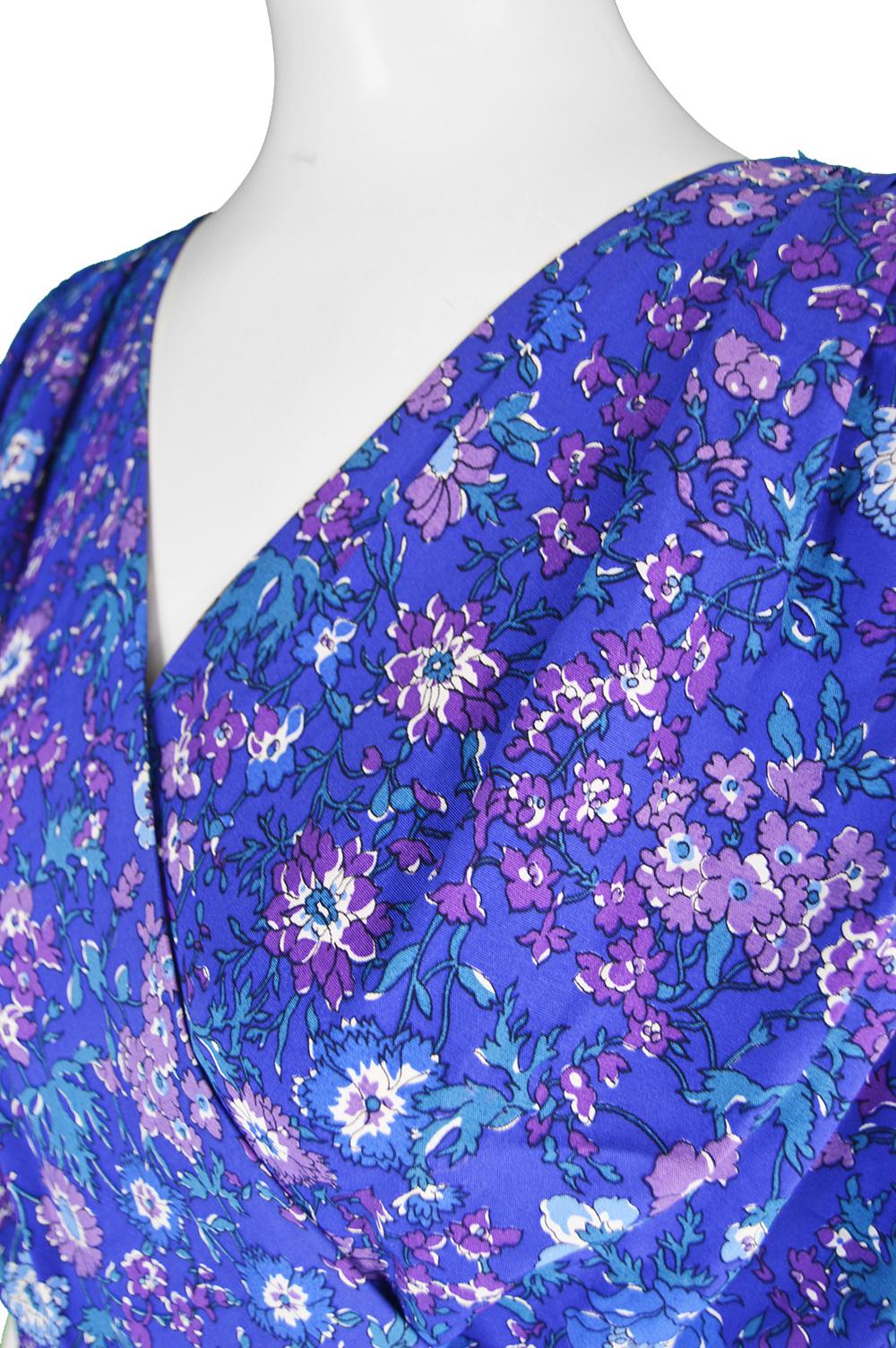 Purple Droopy & Brown Draped Blue Floral Print Vintage Viscose Maxi Dress, 1980s For Sale
