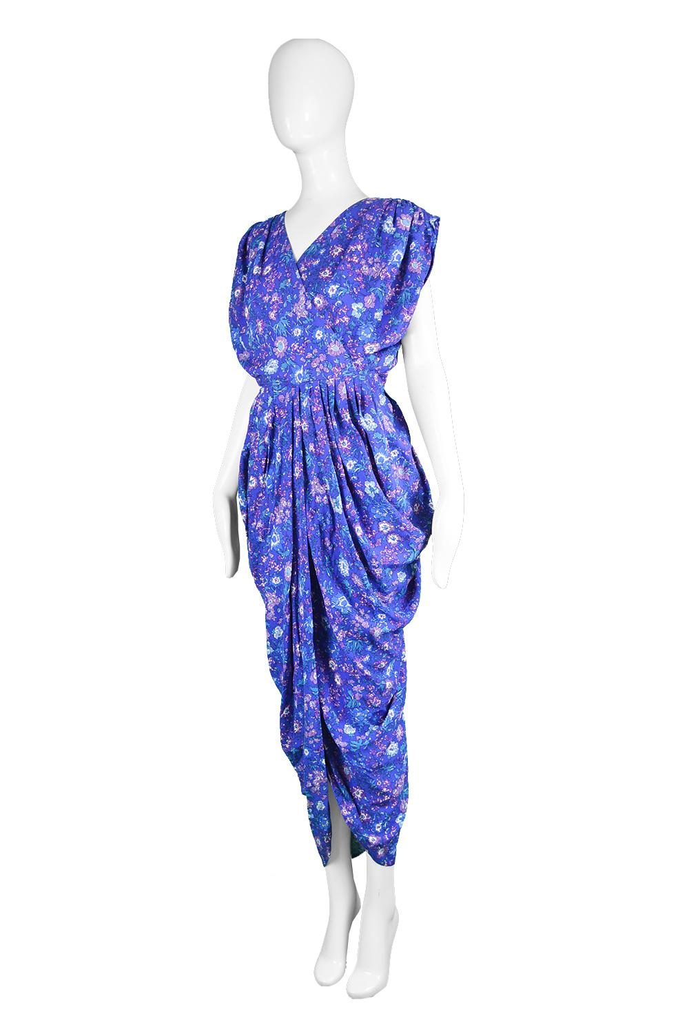 Women's Droopy & Brown Draped Blue Floral Print Vintage Viscose Maxi Dress, 1980s For Sale