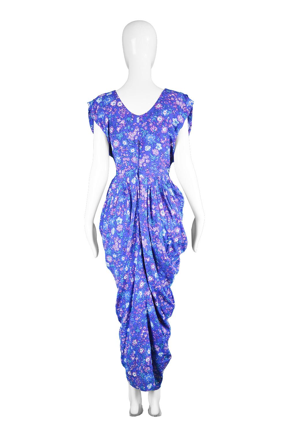 Droopy & Brown Draped Blue Floral Print Vintage Viscose Maxi Dress, 1980s For Sale 2