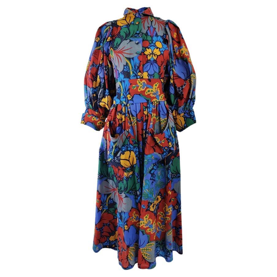 Droopy & Browns Vintage Womens Floral Wool Puff Sleeve Dress, 1980s