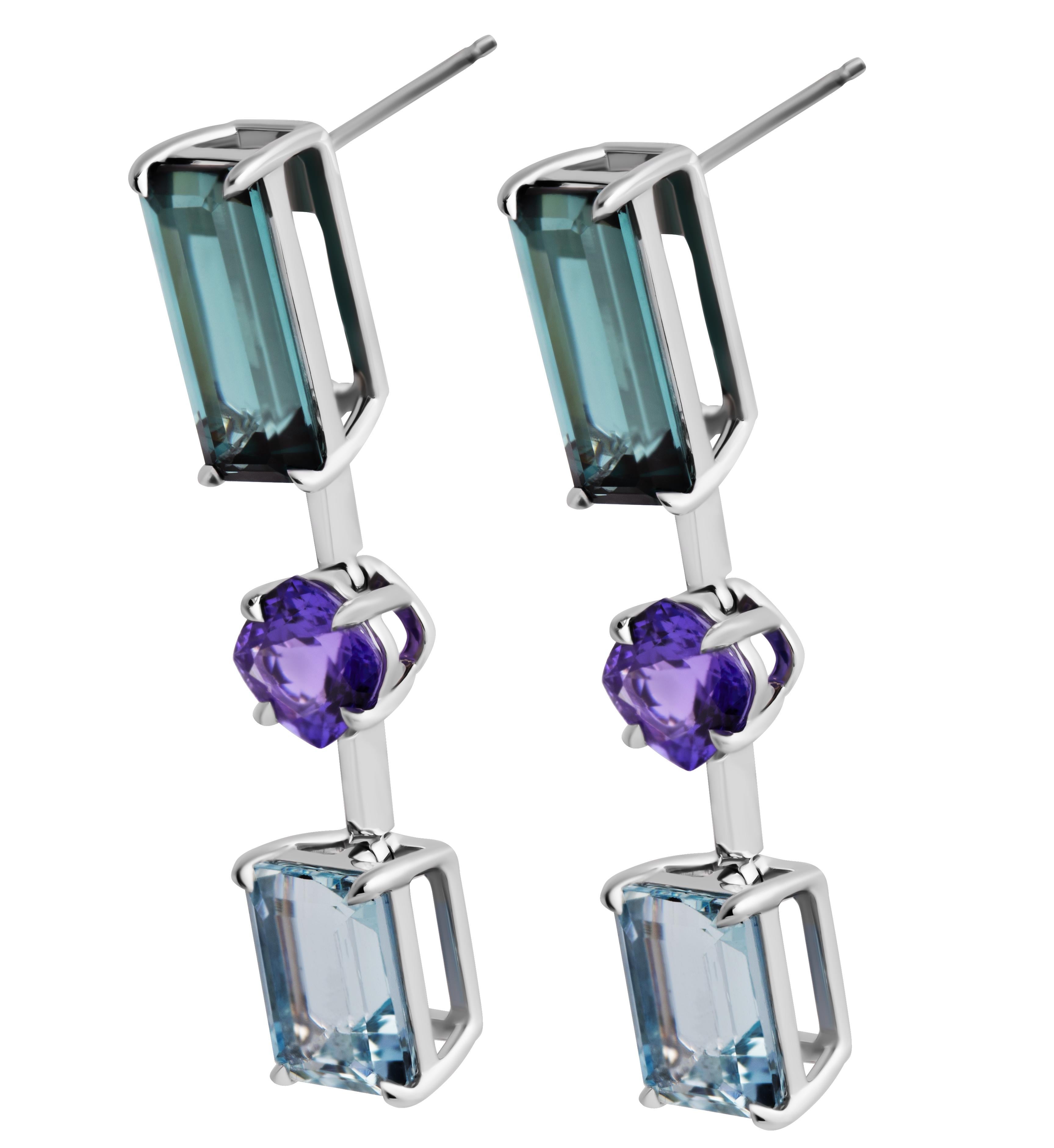 Orecchini Aqua a goccia con tormalina, tanzanite e acquamarina in 14k WG 
Tormalina blu per un totale di 5,64 carati
Tanzanite per un totale di 2,08ct
Acquamarina per un totale di 4,25ct
40 mm di lunghezza

