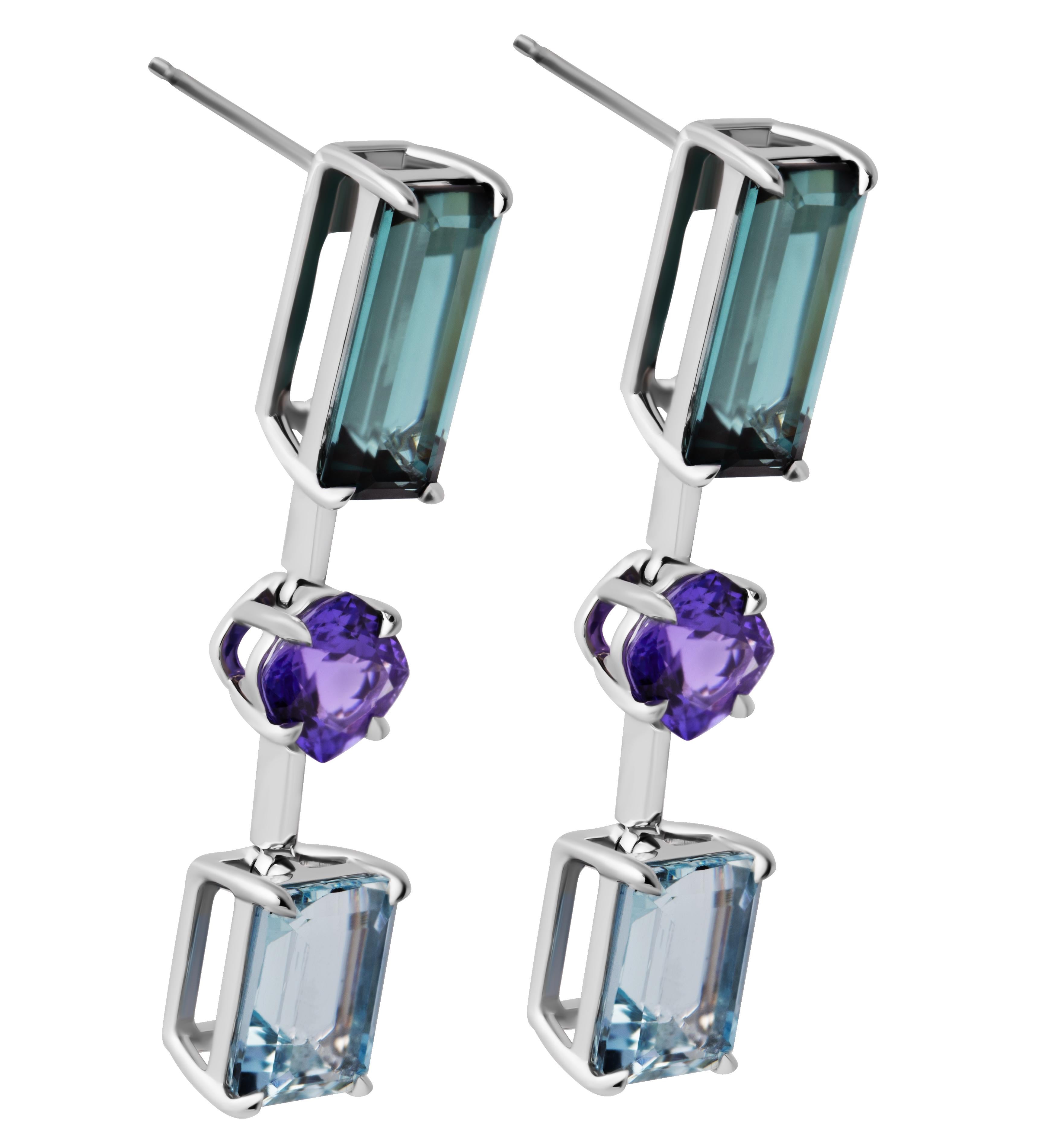 Taglio smeraldo Orecchini Aqua a goccia con tormalina, tanzanite e acquamarina in vendita