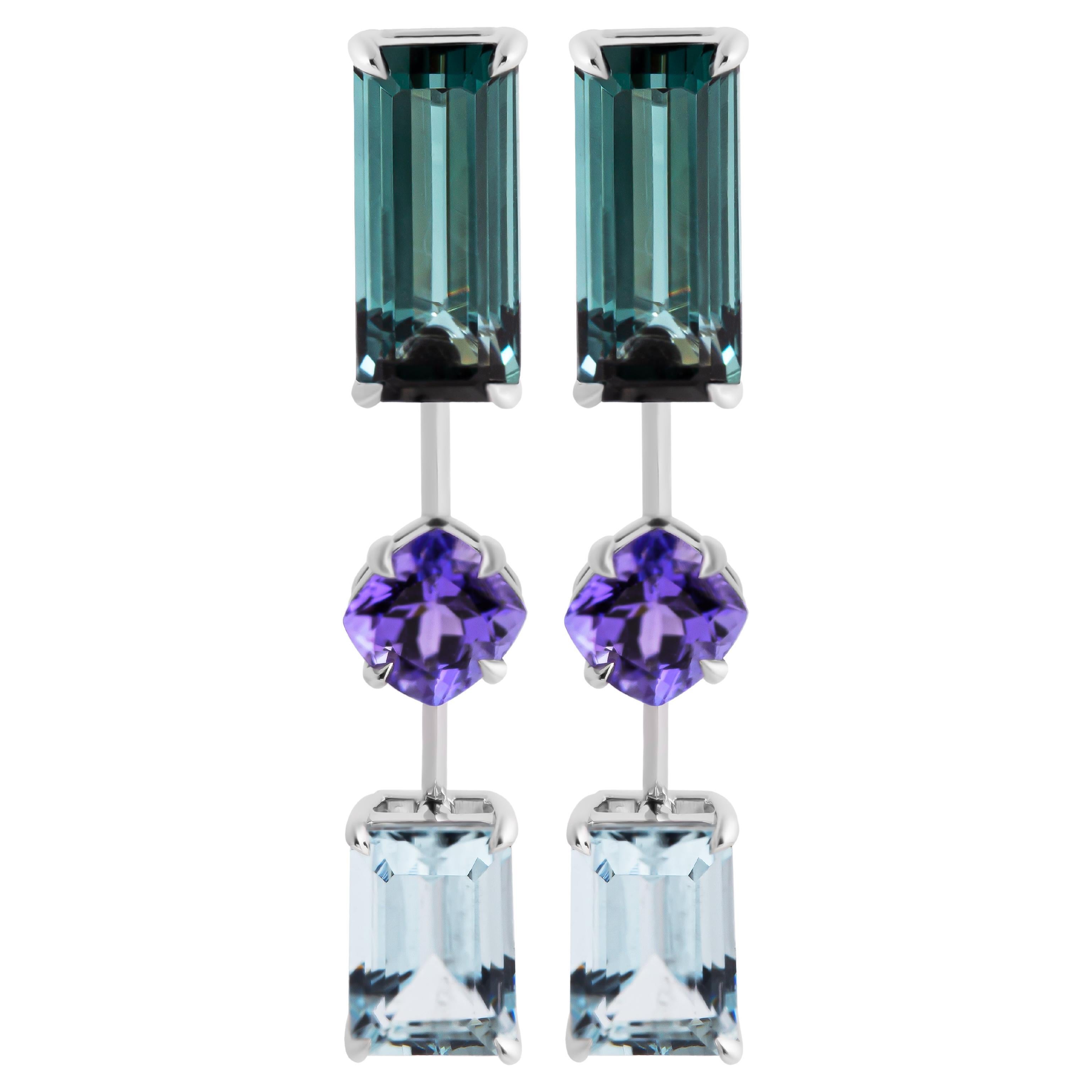 Drop Aqua Earrings with Tourmaline, Tanzanite and Aquamarine