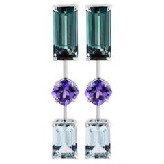 Drop Aqua Earrings with Tourmaline, Tanzanite and Aquamarine
