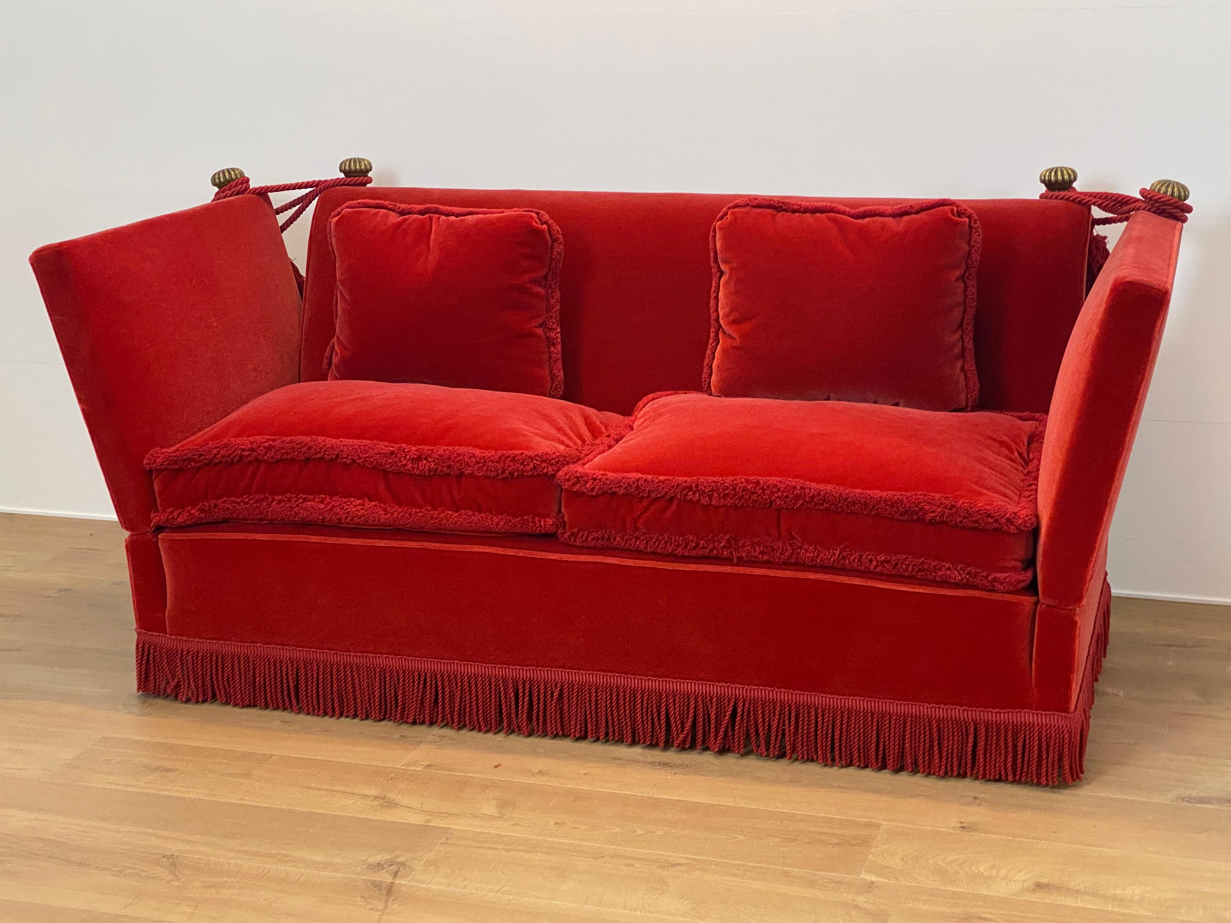 Drop Arm Knoll Style Sofa in an Orange-Red Velvet For Sale 1