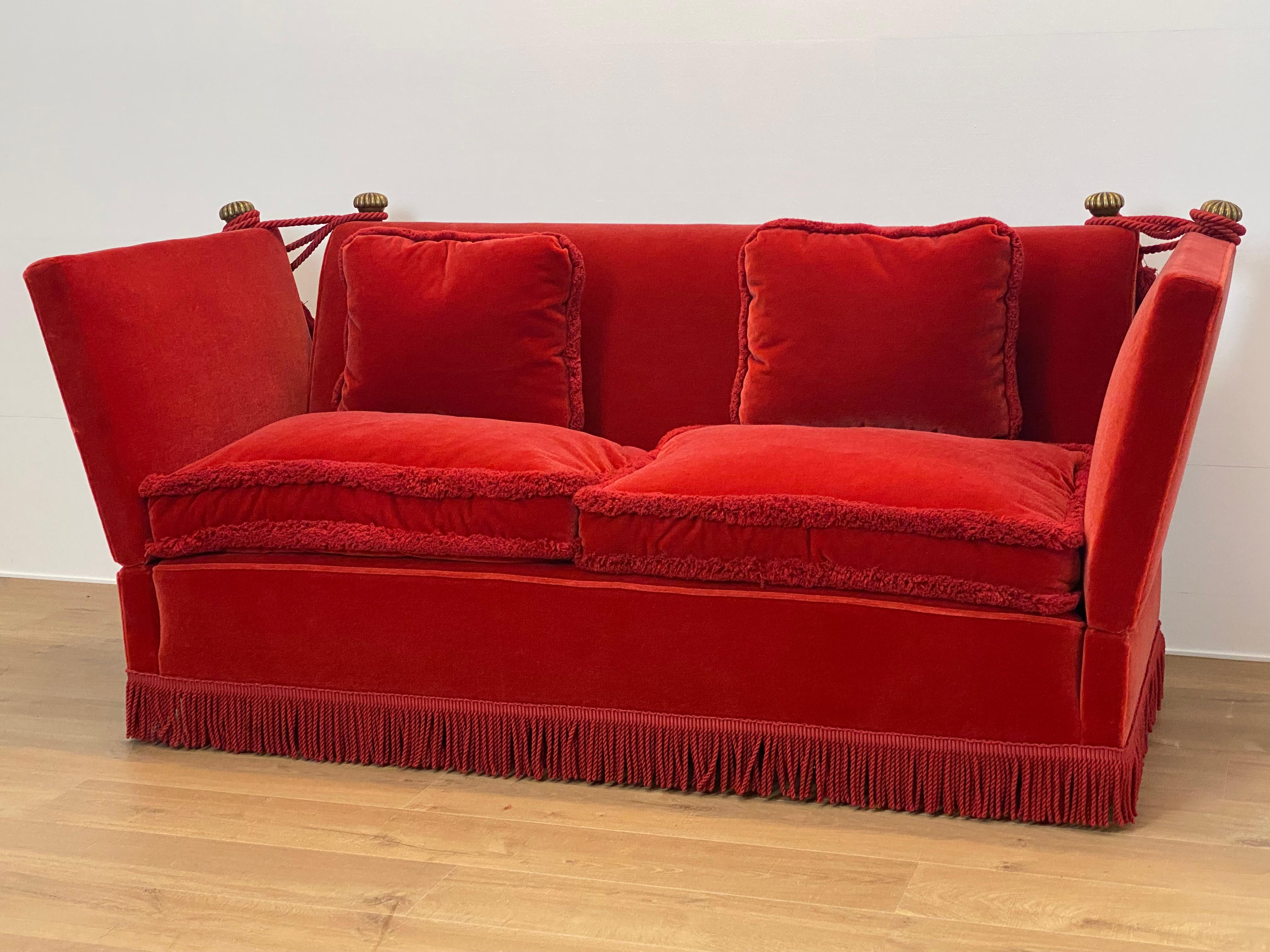 Drop Arm Knoll Style Sofa in an Orange-Red Velvet For Sale 2