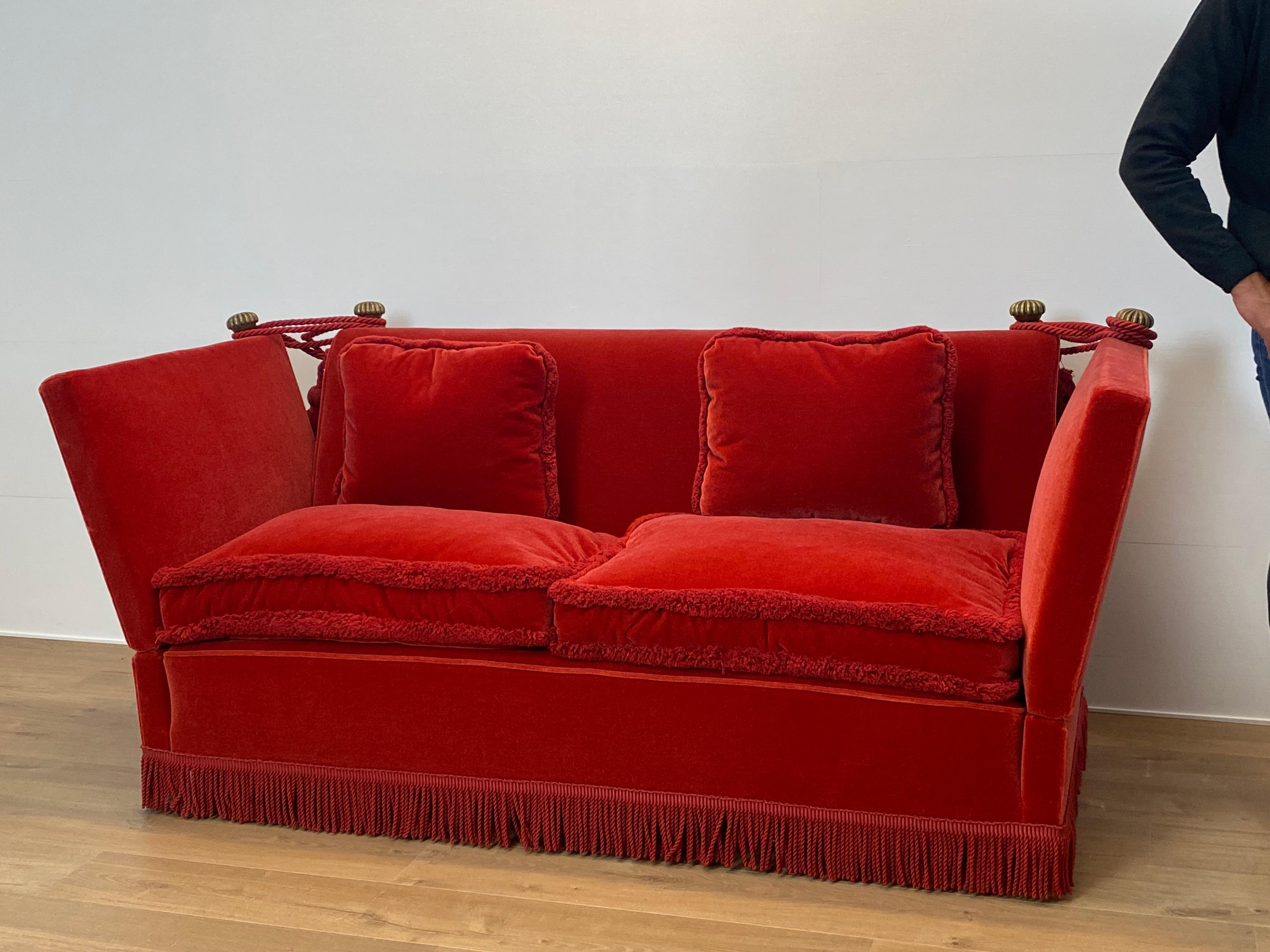 Drop Arm Knoll Style Sofa in an Orange-Red Velvet For Sale 5