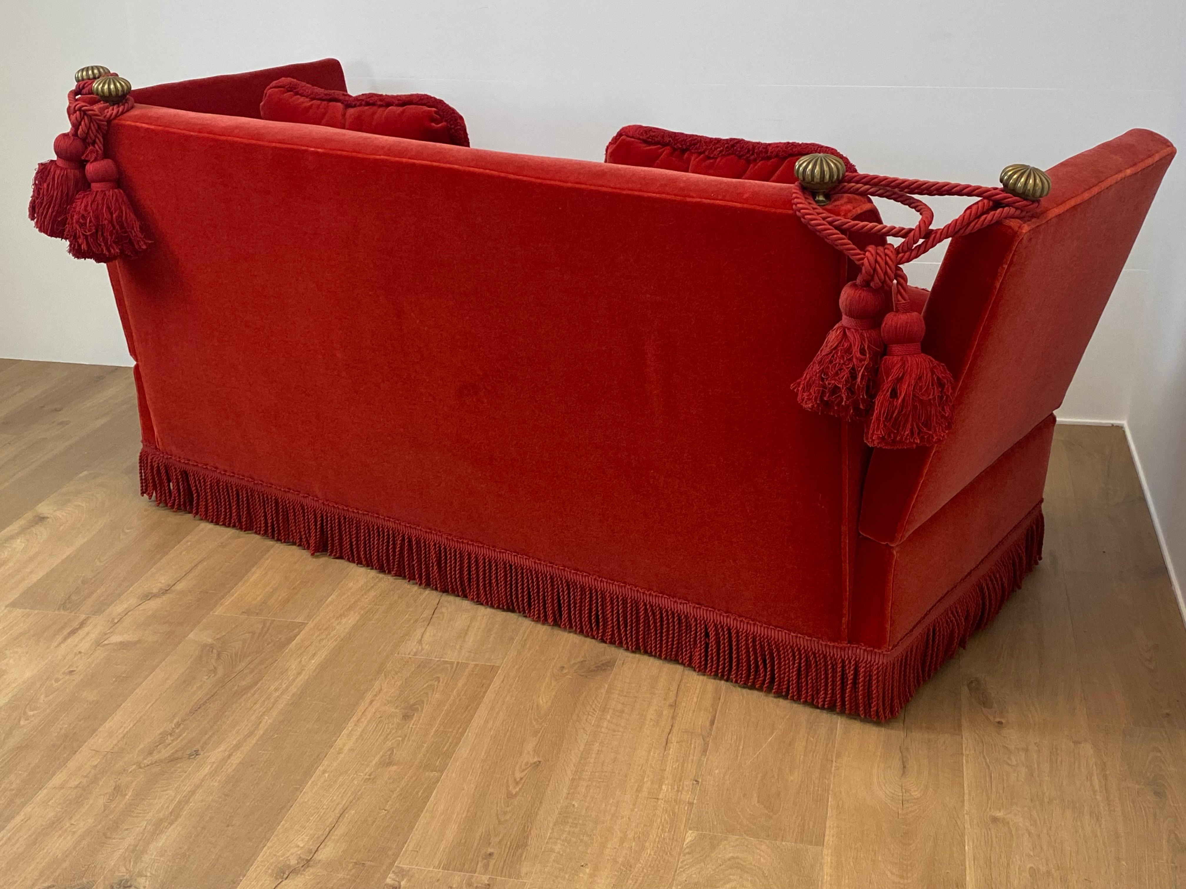 Drop Arm Knoll Style Sofa in an Orange-Red Velvet For Sale 8