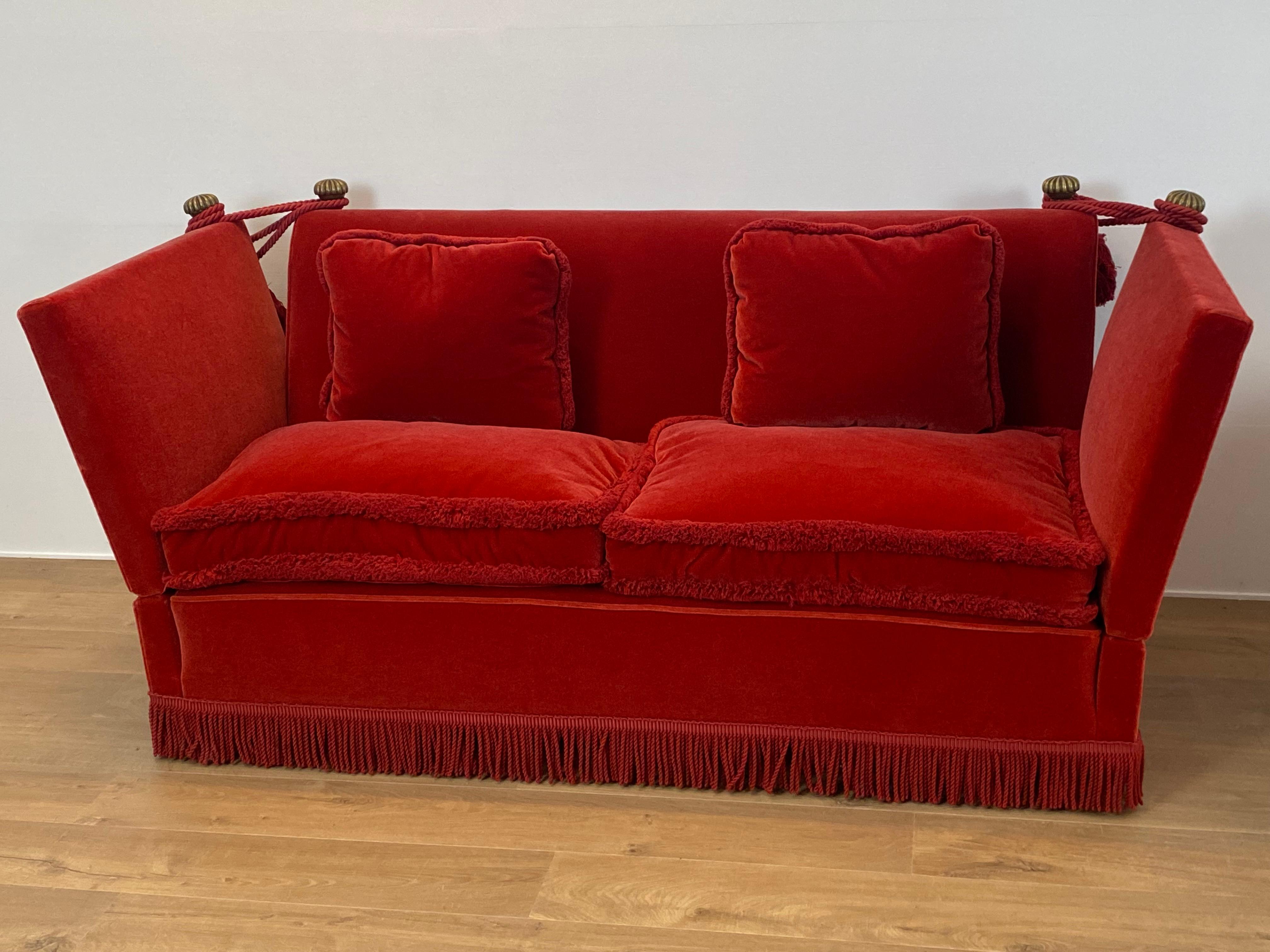 English Drop Arm Knoll Style Sofa in an Orange-Red Velvet For Sale