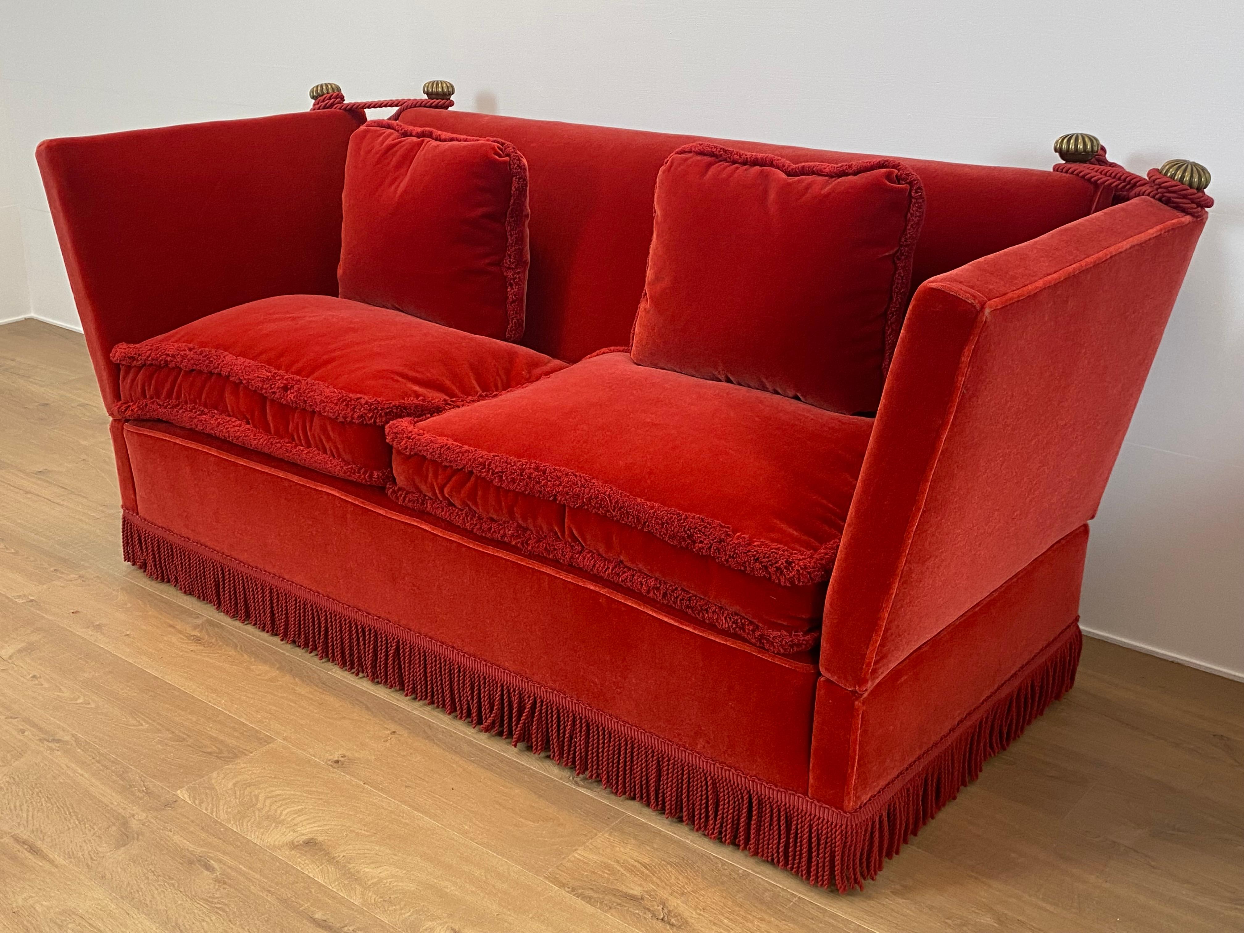 Dyed Drop Arm Knoll Style Sofa in an Orange-Red Velvet For Sale
