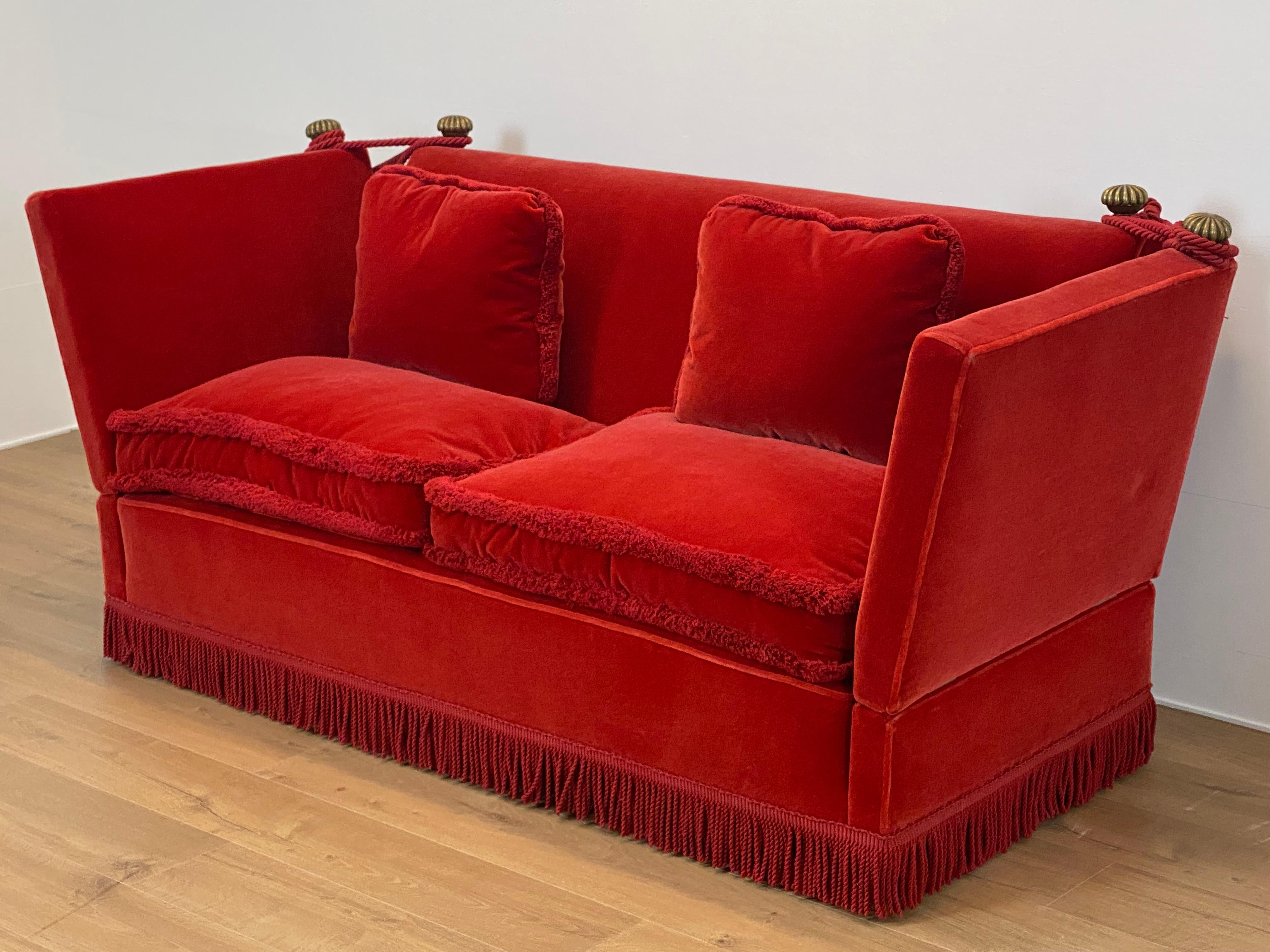 Mid-20th Century Drop Arm Knoll Style Sofa in an Orange-Red Velvet For Sale