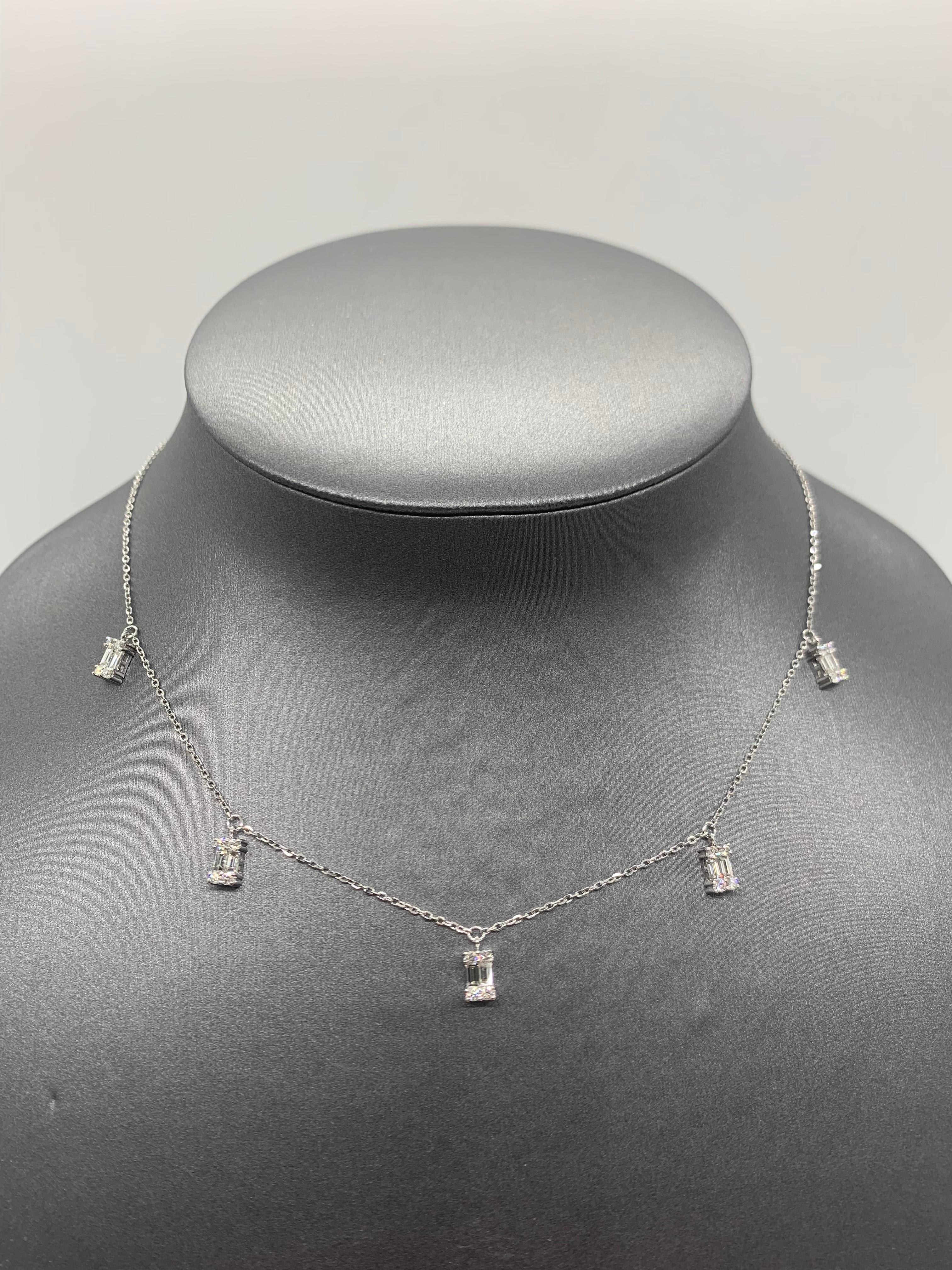 Baguette Cut Drop Baguette Diamond Charm Necklace in 18K White Gold For Sale