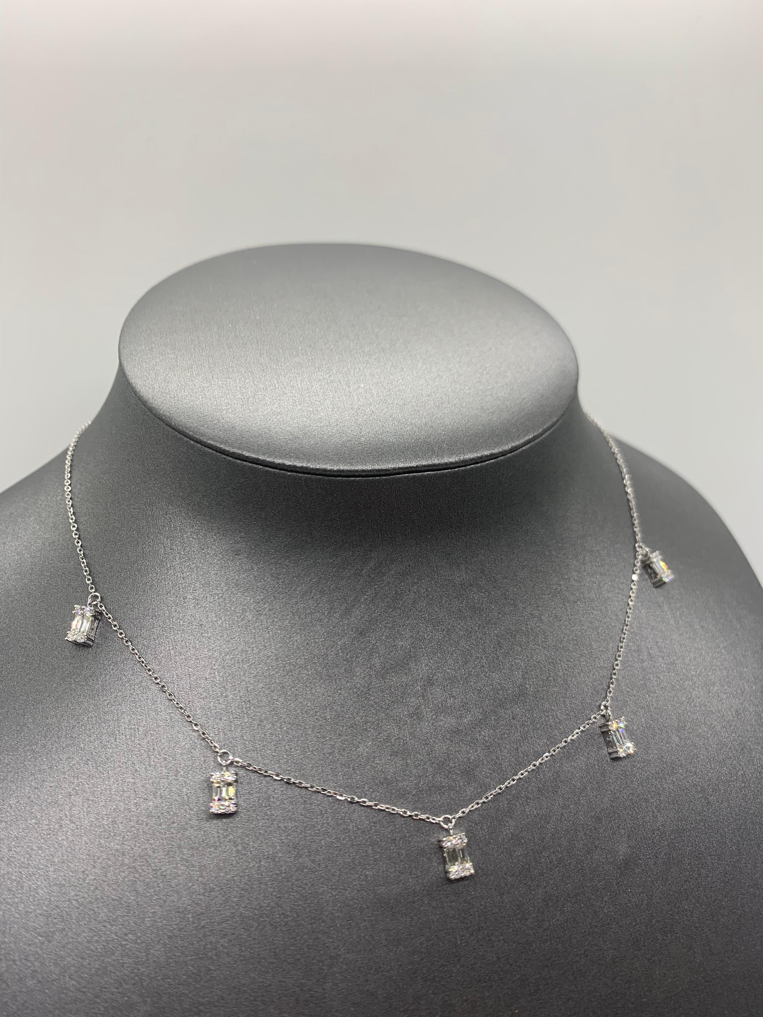 Drop Baguette Diamond Charm Necklace in 18K White Gold In New Condition For Sale In Los Angeles, CA