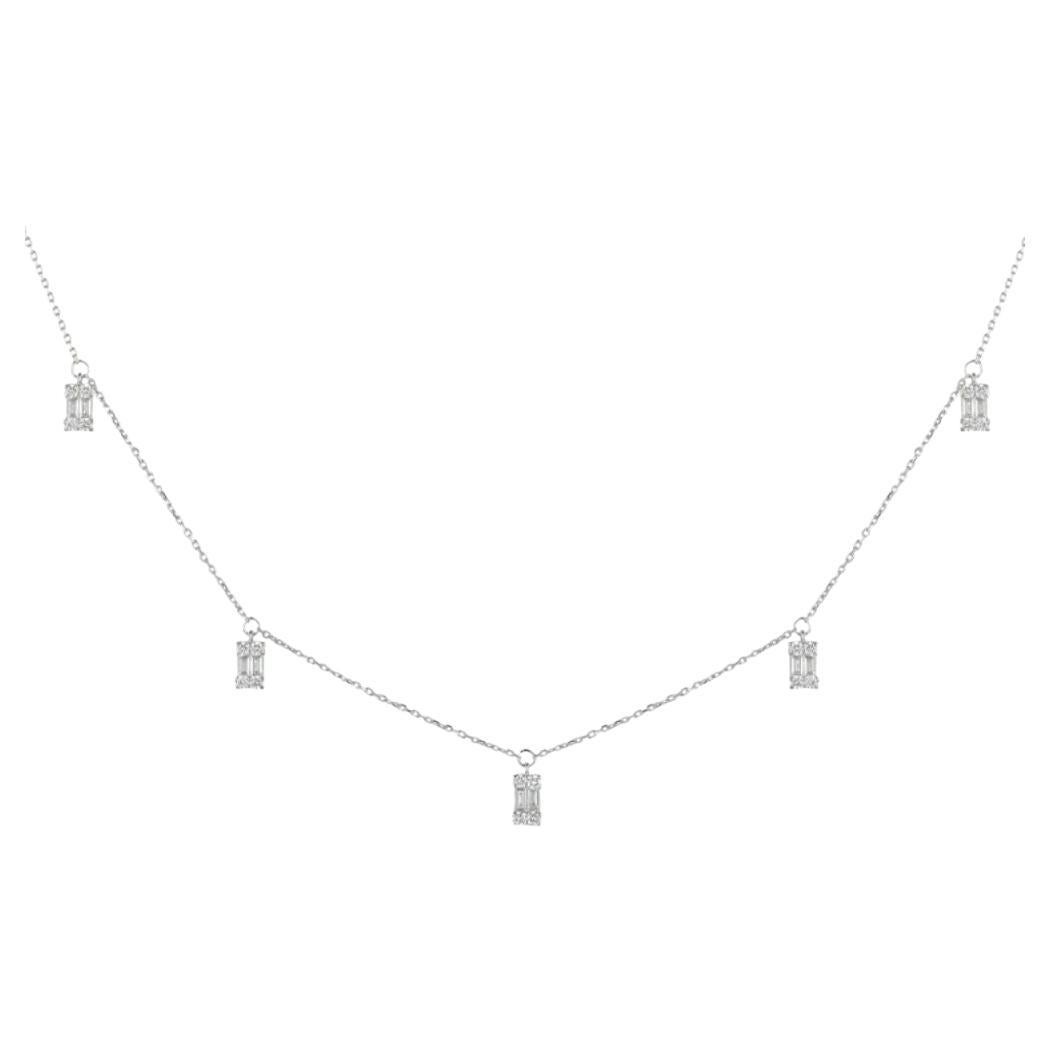 Drop Baguette Diamond Charm Necklace in 18K White Gold For Sale