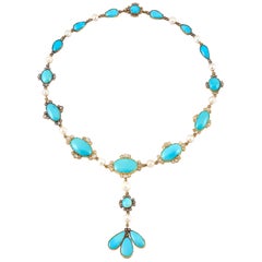 Antique Victorian Turquoise Drop Necklace with Pearls and Diamonds