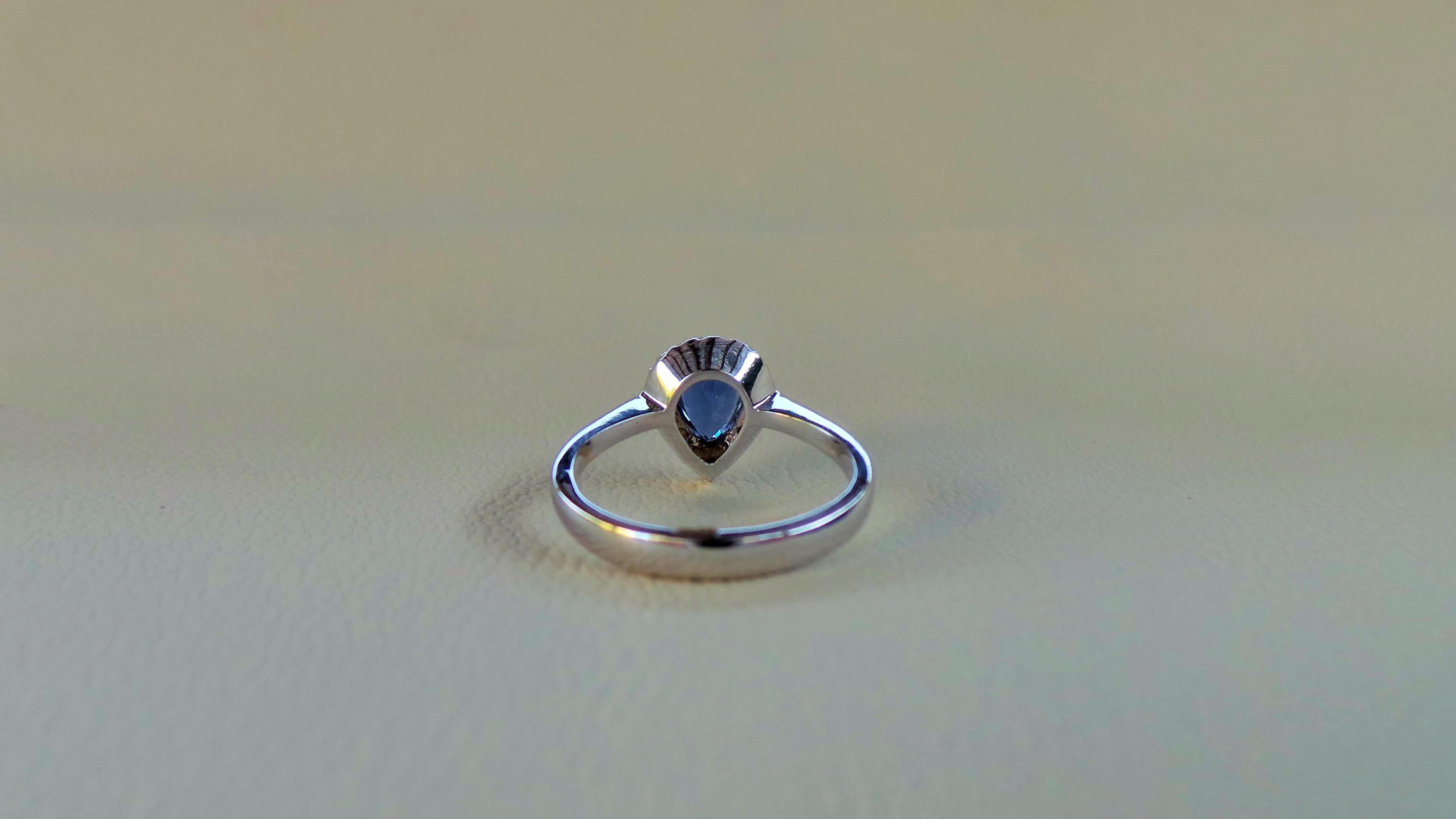 Contemporary Drop Blue Sapphire 1.14K Diamonds 0.18K White Gold Engagement Ring