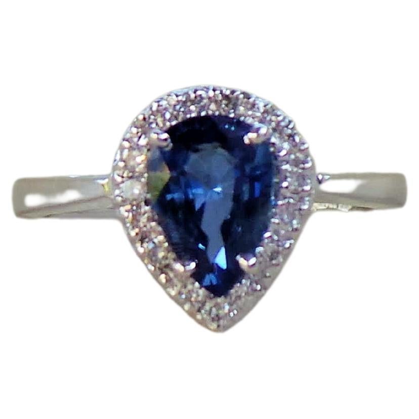Drop Blue Sapphire 1.14K Diamonds 0.18K White Gold Engagement Ring
