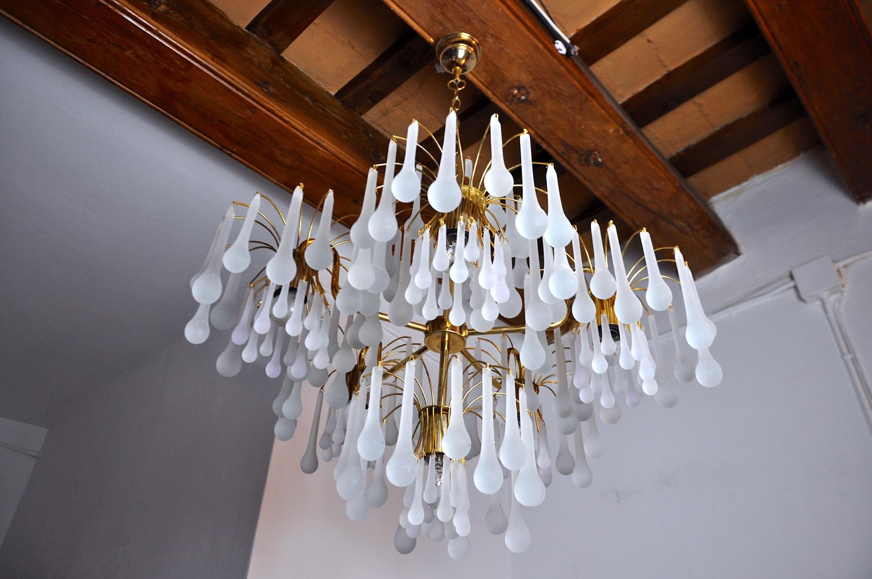 Hollywood Regency Drop Chandelier by Venini, 5 Arms, Murano Glass, Italy, 1960 For Sale
