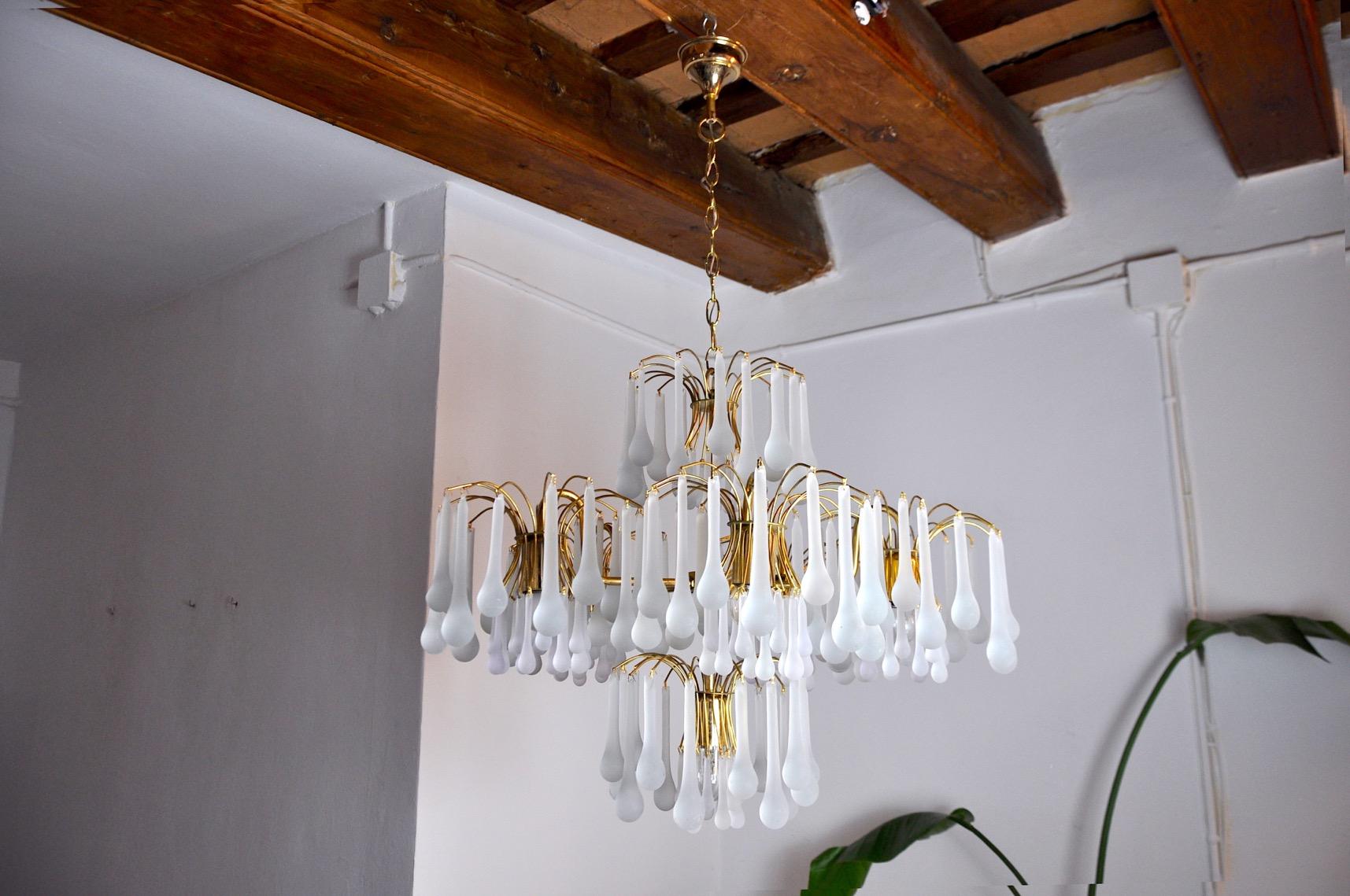 Italian Drop Chandelier by Venini, 5 Arms, Murano Glass, Italy, 1960 For Sale
