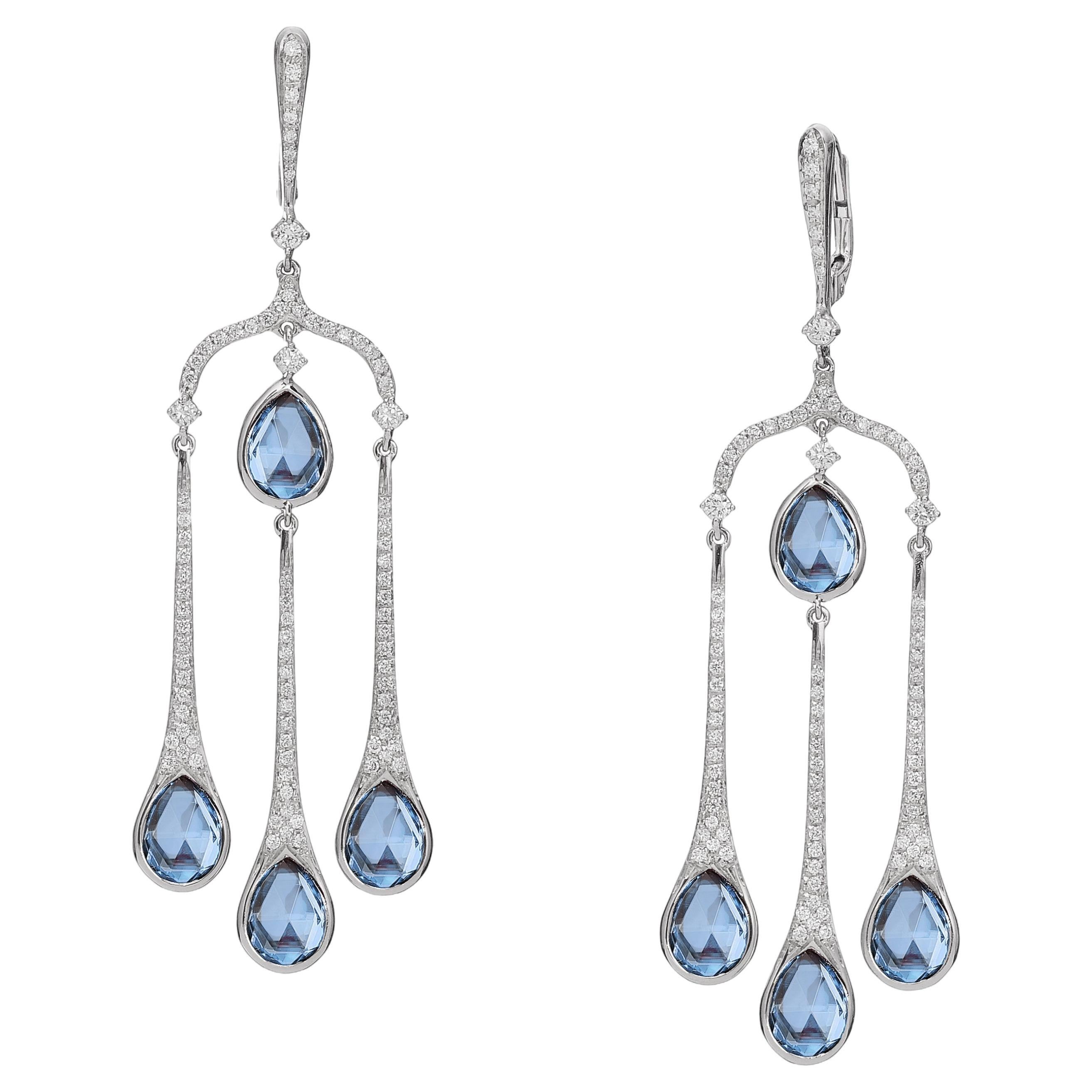 Drop Chandelier Earrings in 18k gold with Diamonds and Blue Topaz For Sale