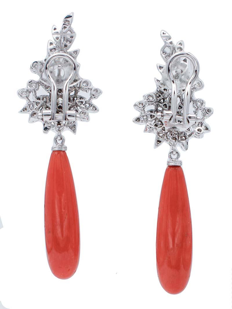 Retro Drop Coral, Diamonds .18 Karat White Gold Dangle Earrings