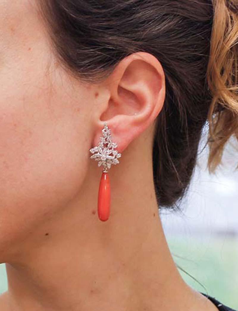Women's Drop Coral, Diamonds .18 Karat White Gold Dangle Earrings