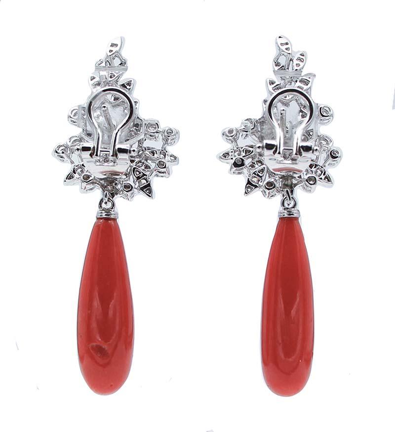 Retro Drop Coral, Diamonds .18 Karat White Gold Dangle Earrings For Sale