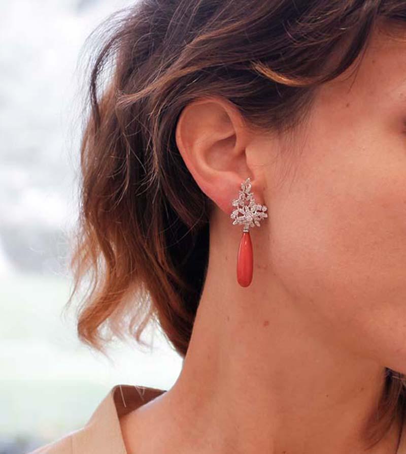 Women's Drop Coral, Diamonds .18 Karat White Gold Dangle Earrings For Sale