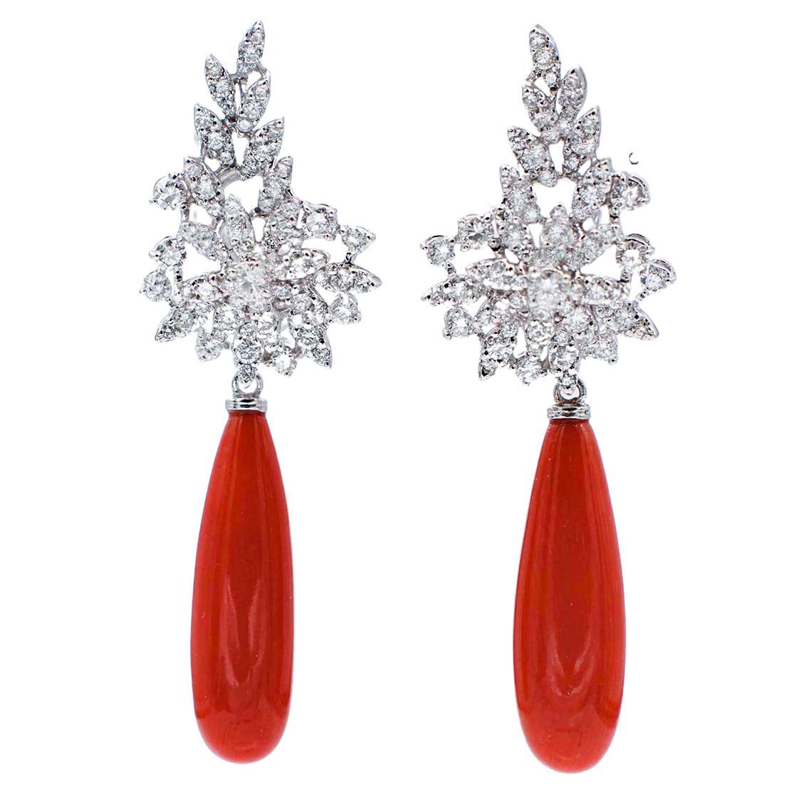 Drop Coral, Diamonds .18 Karat White Gold Dangle Earrings
