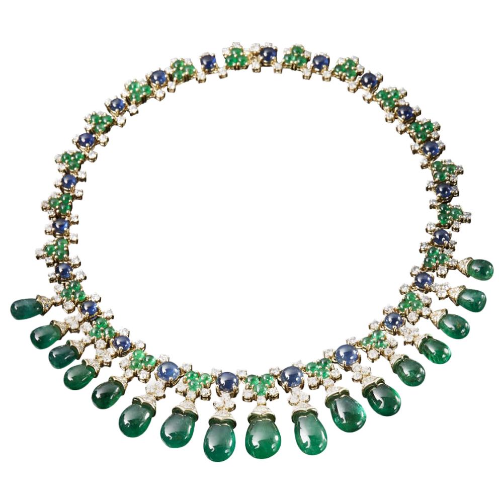 Veschetti Drop-cut Emerald, Sapphire and Diamond Necklace