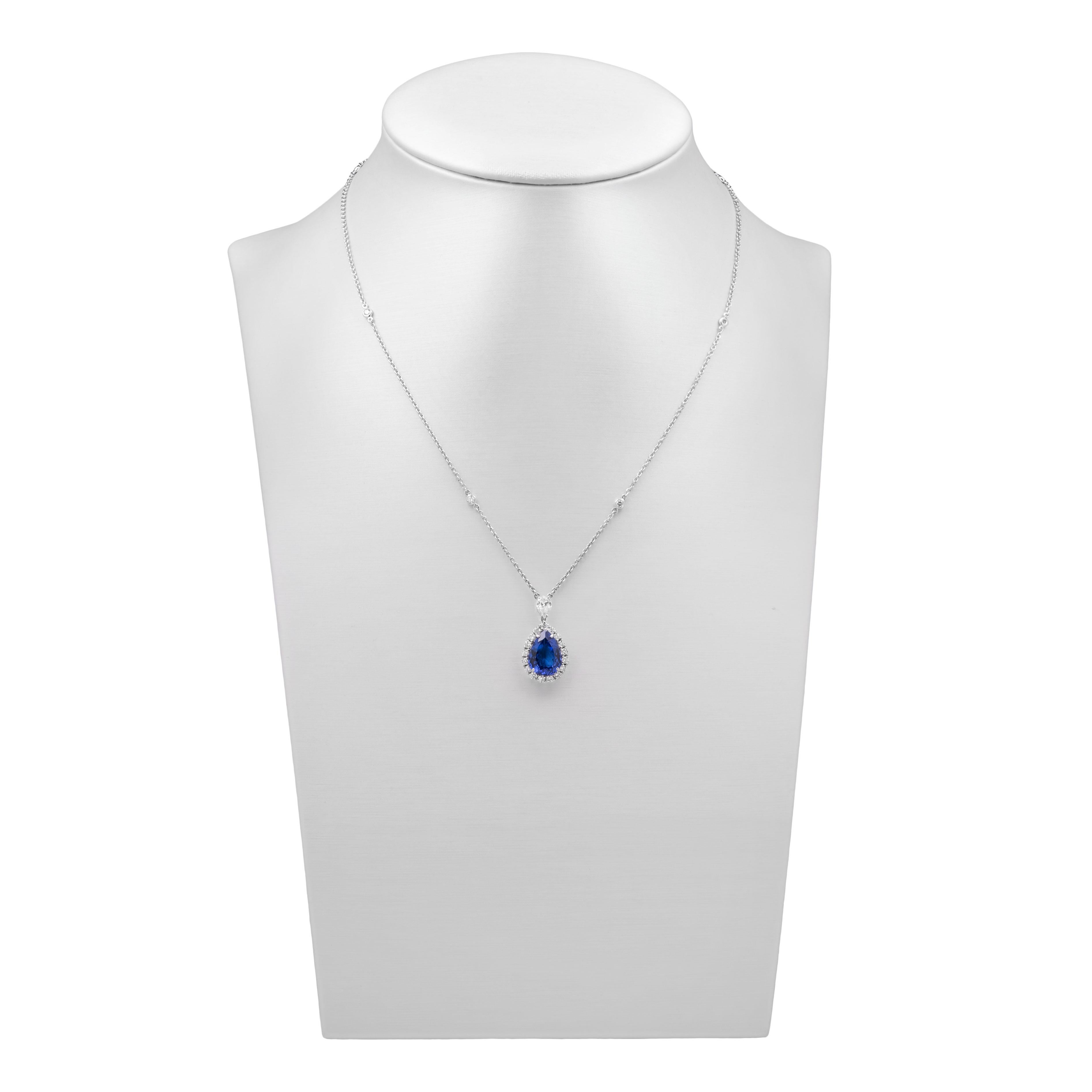 Contemporary Drop Cut Tanzanite '5ct.', White Diamonds and 18k White Gold Necklace For Sale