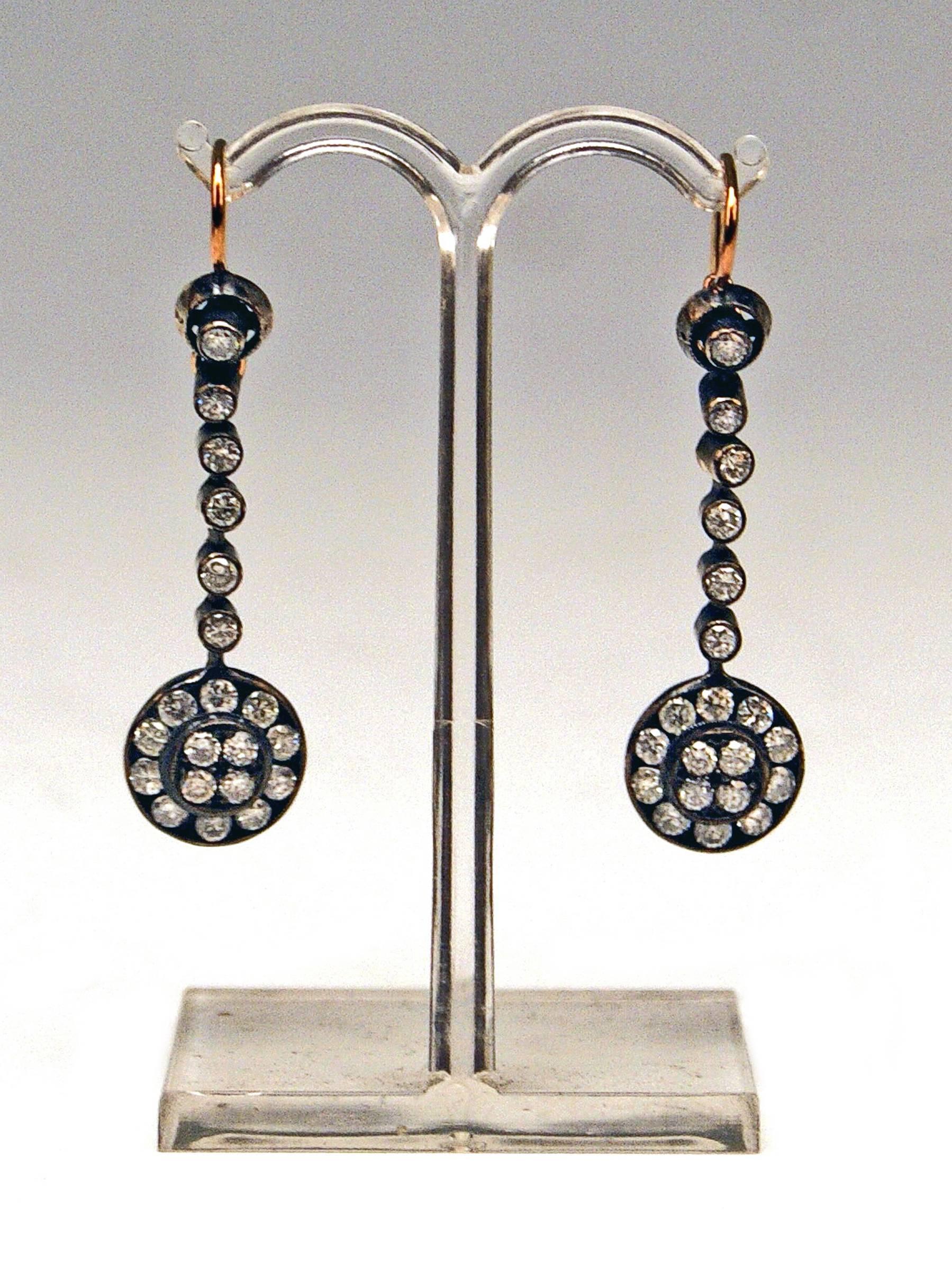 Art Nouveau Drop Dangle Earrings 14ct Gold 585 Old-Cut Brilliants 3Ct Vienna Austria c.1900