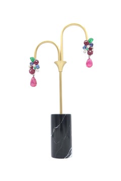 Drop Dangle White Gold Earrings with Diamond and Carved Ruby Sapphire Emerald