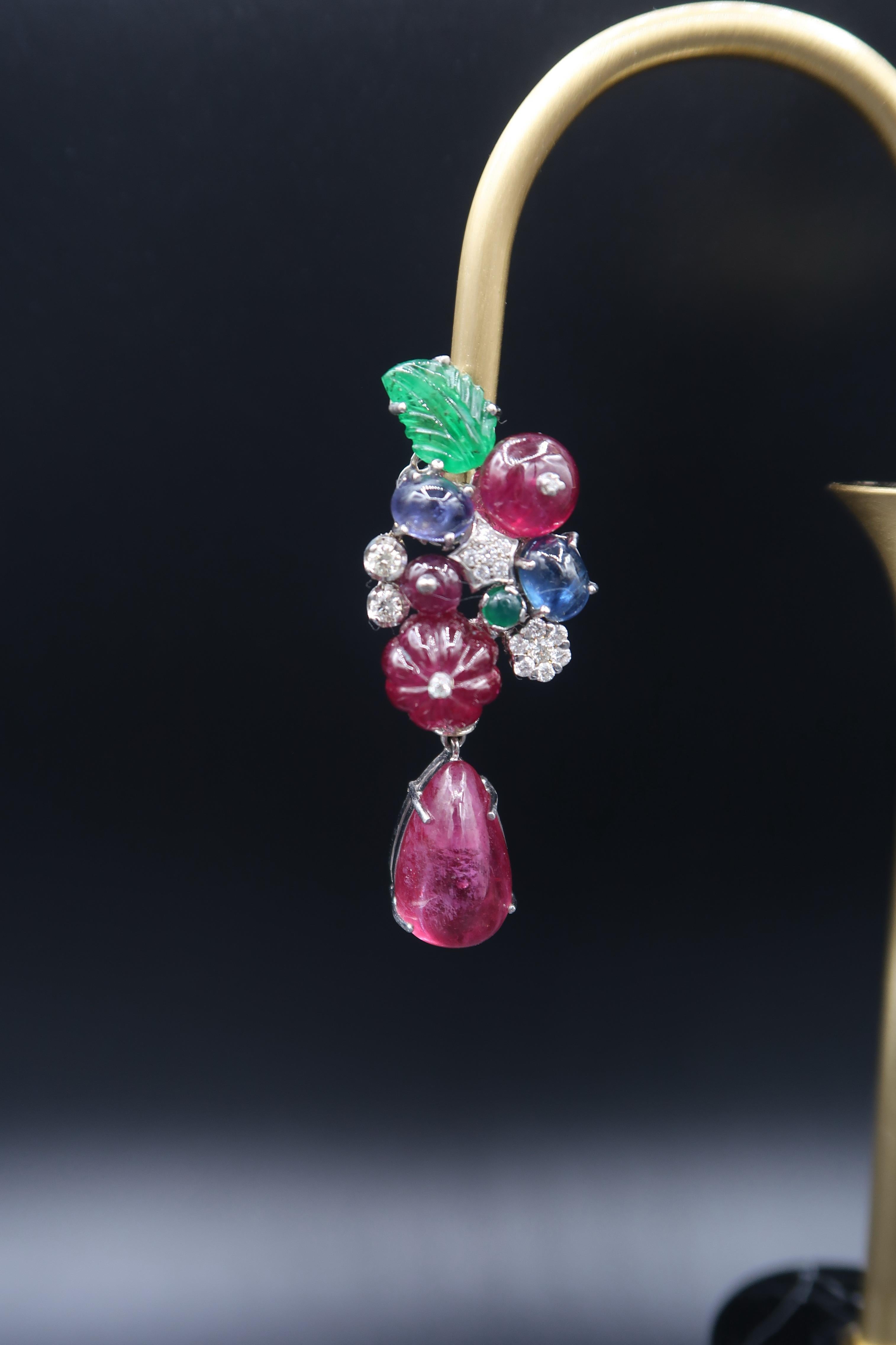 Cabochon Drop Dangle White Gold Earrings with Diamond and Carved Ruby Sapphire Emerald For Sale