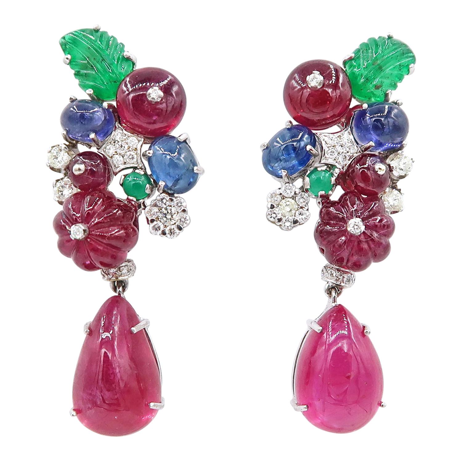 Drop Dangle White Gold Earrings with Diamond and Carved Ruby Sapphire Emerald