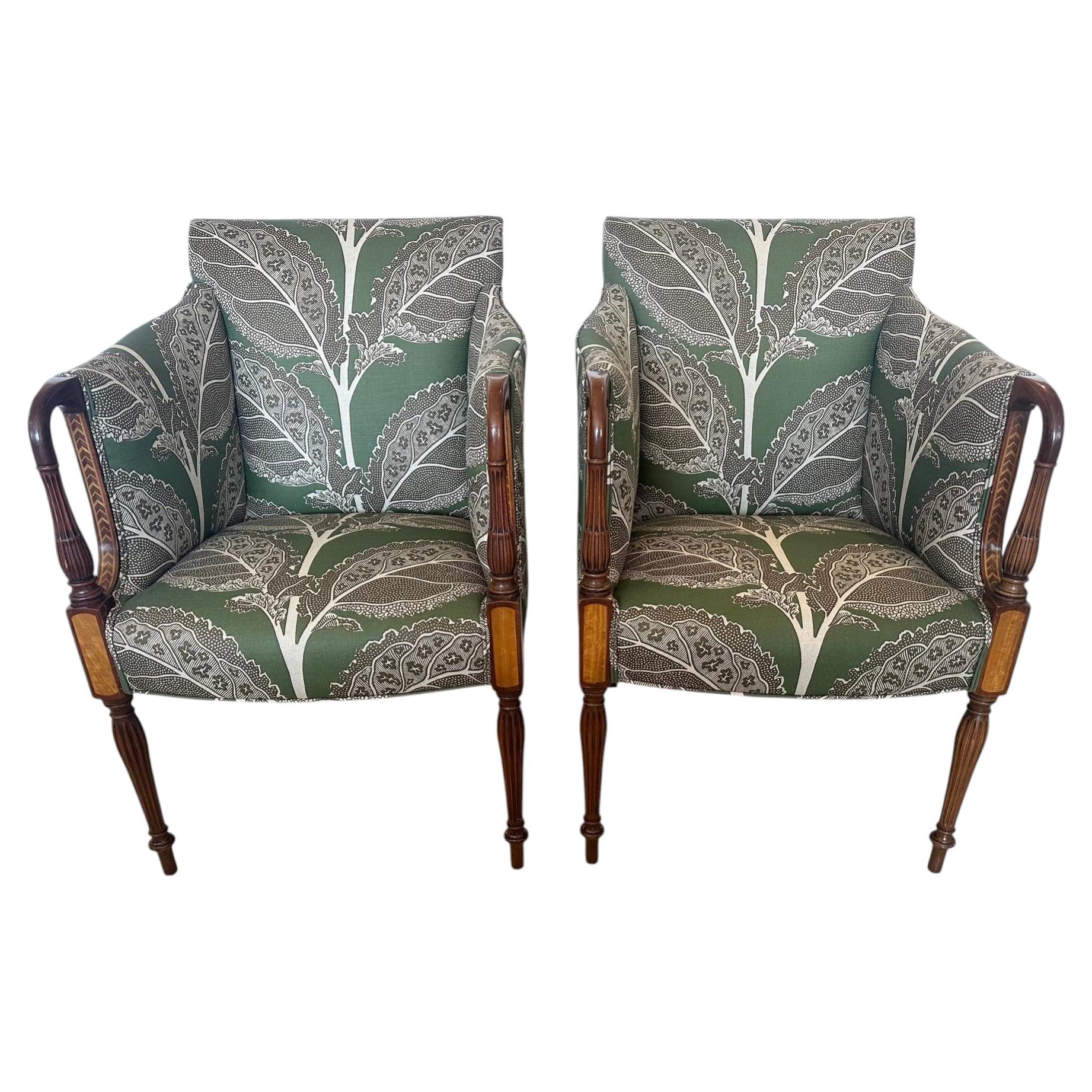 Drop Dead Gorgeous Pair of Federal Sheraton Inlaid & Newly Upholstered Armchairs For Sale
