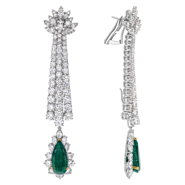 Modern Drop Diamond Earrings with Emeralds in Platinum For Sale