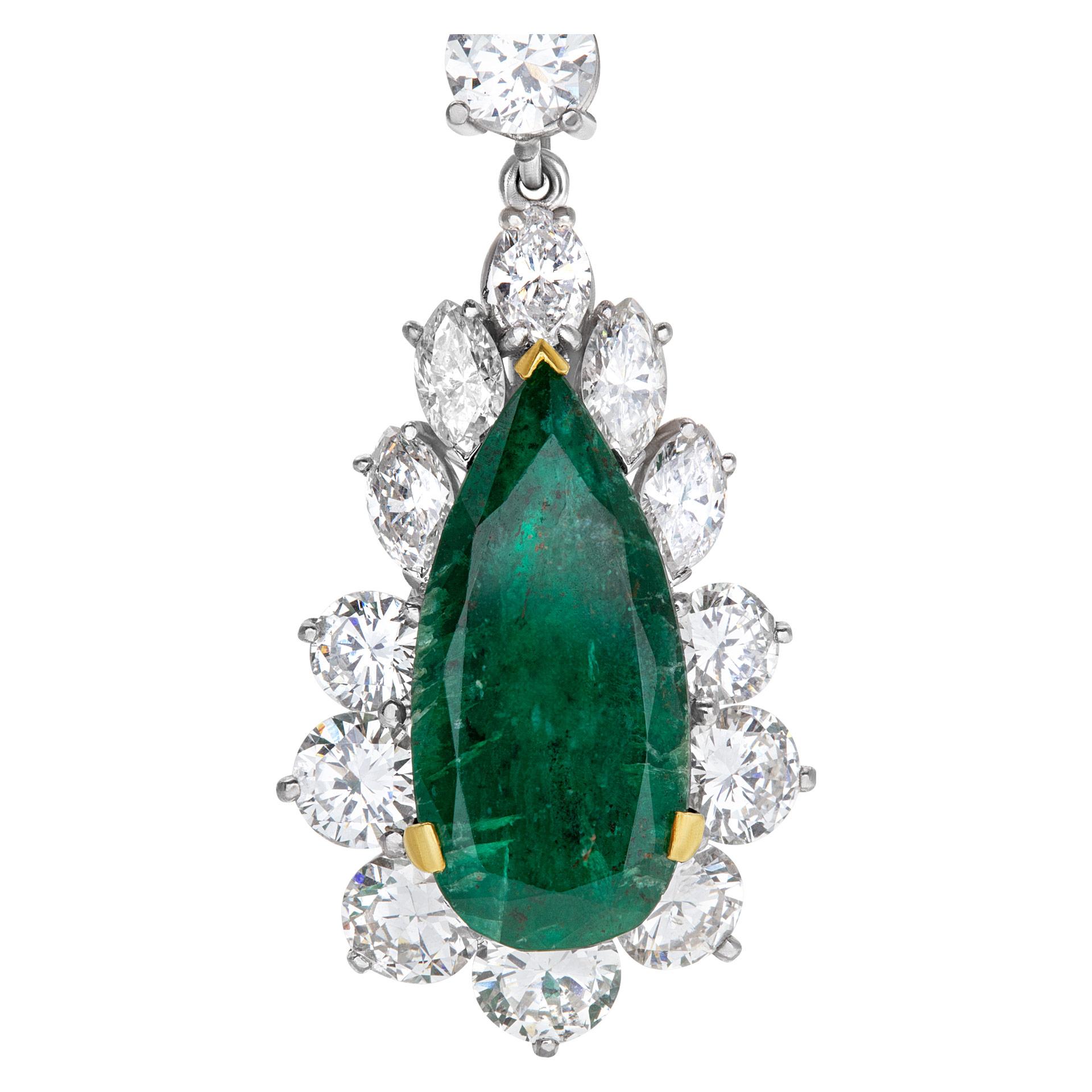 Brilliant Cut Drop Diamond Earrings with Emeralds in Platinum For Sale