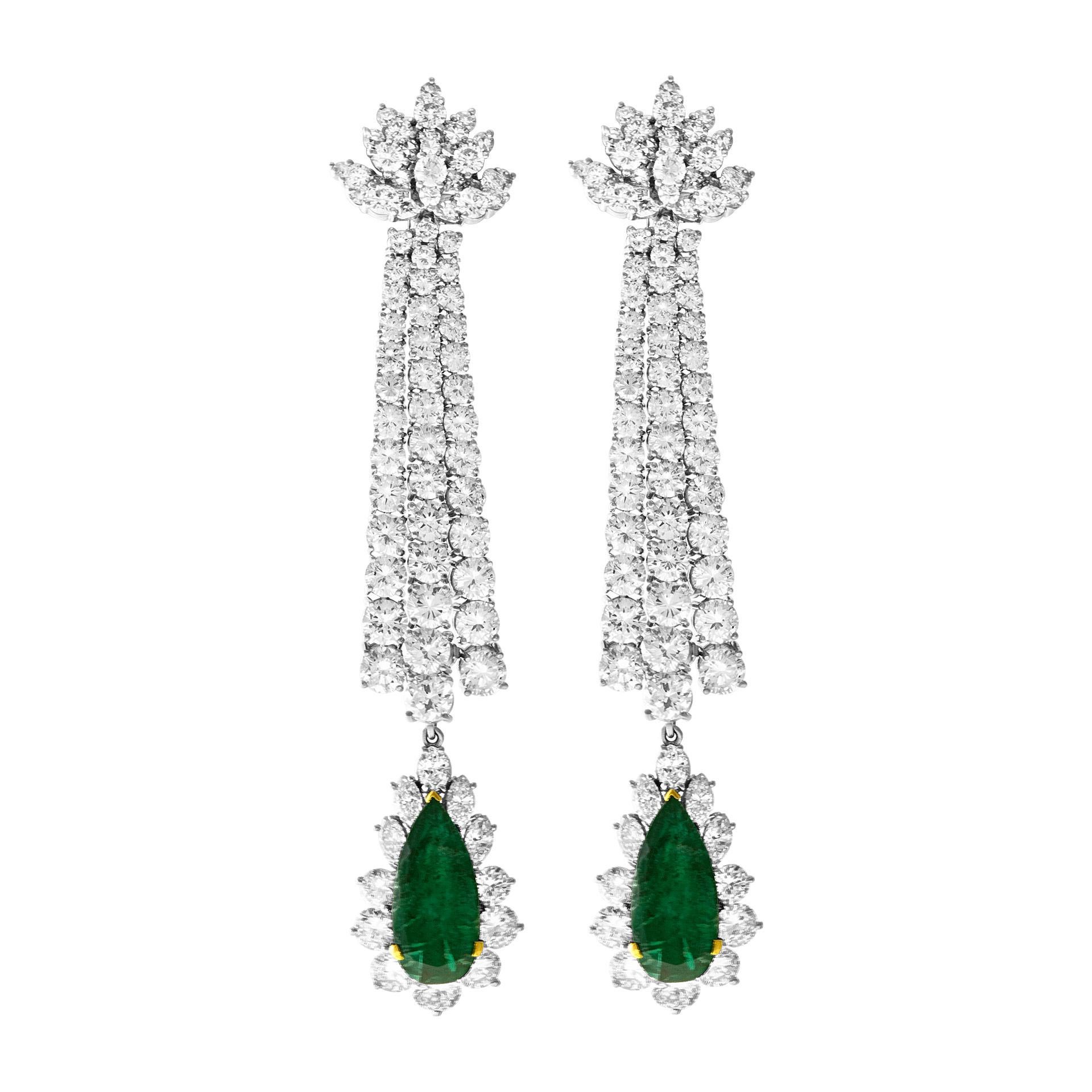 Drop Diamond Earrings with Emeralds in Platinum For Sale 2
