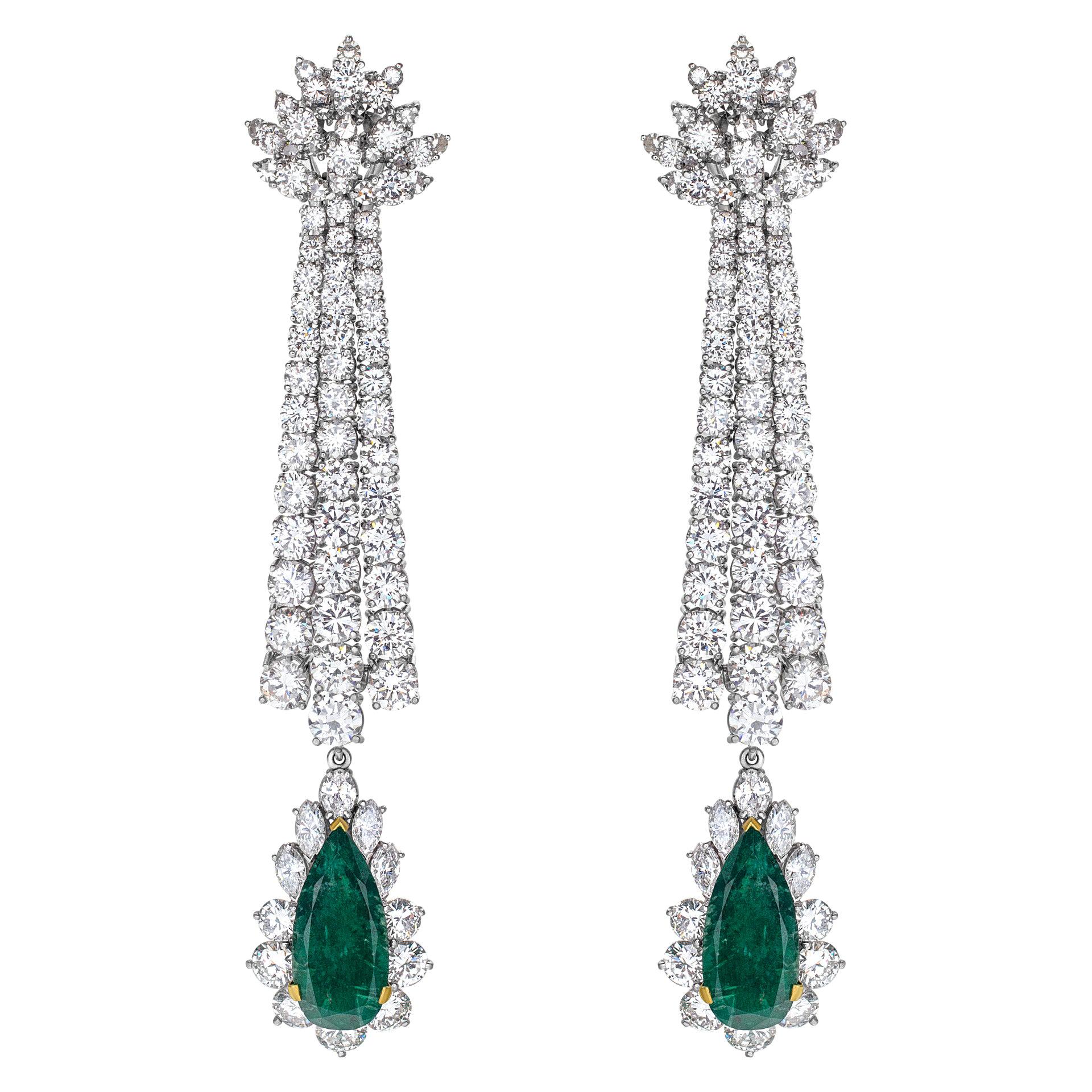 Drop Diamond Earrings with Emeralds in Platinum