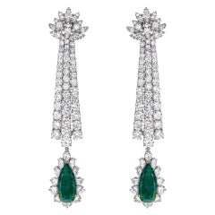 Drop Diamond Earrings with Emeralds in Platinum