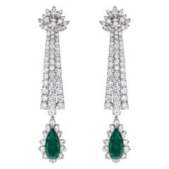 Drop Diamond Earrings with Emeralds in Platinum