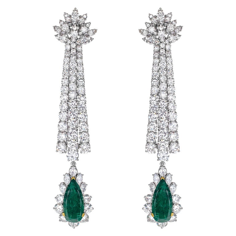 Drop Diamond Earrings with Emeralds in Platinum For Sale