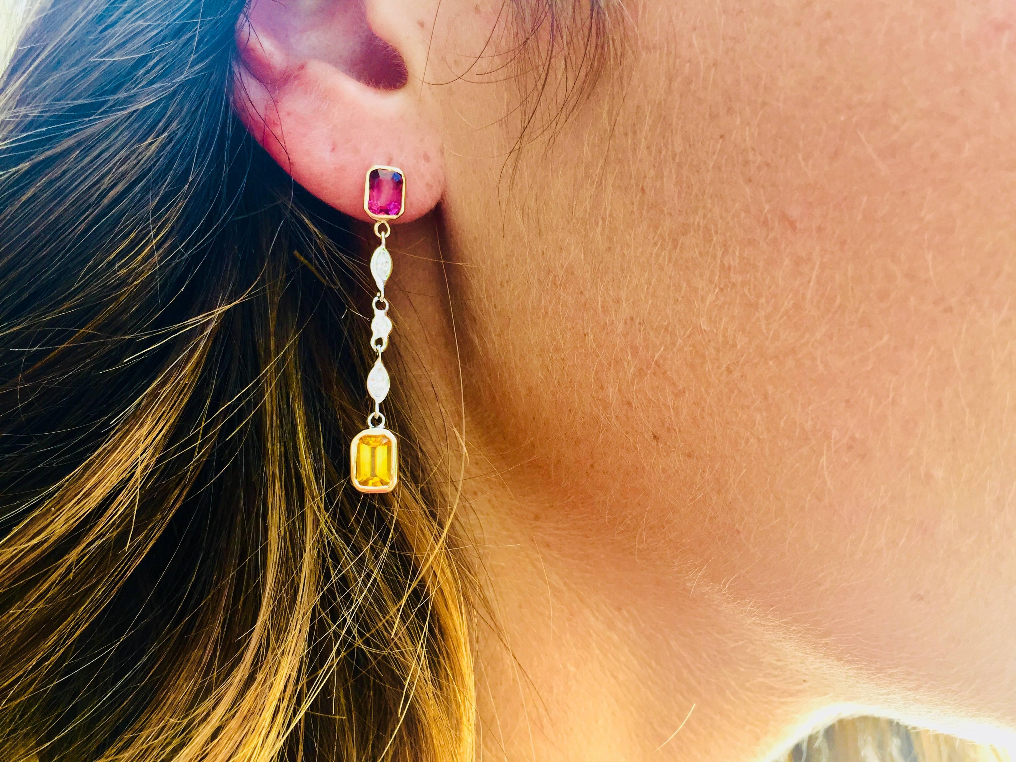 Contemporary Drop Diamond Ruby Yellow Sapphire Drop Earrings Weighing 3.70 Carat 