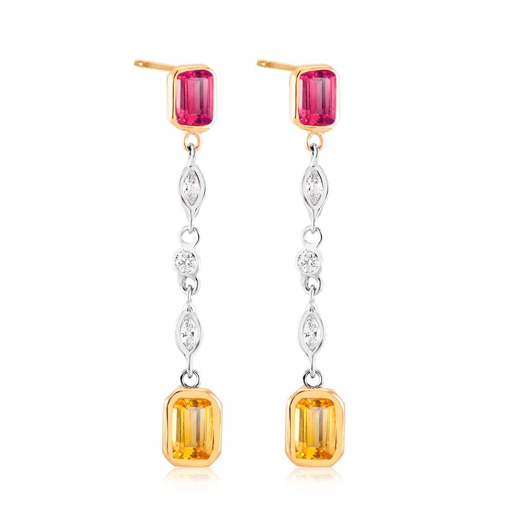 Emerald Cut Drop Diamond Ruby Yellow Sapphire Drop Earrings Weighing 3.70 Carat 