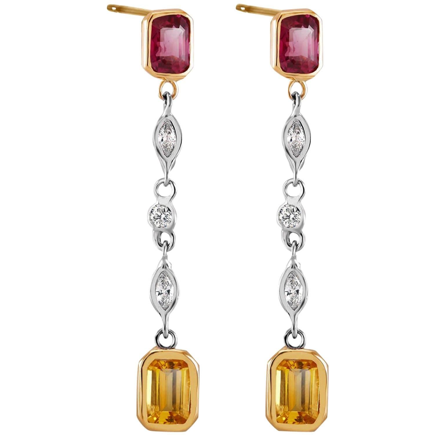 Drop Diamond Ruby Yellow Sapphire Drop Earrings Weighing 3.70 Carat 