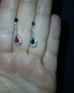 Custom 14k White Gold Drop Earrings with Sapphires and Rubies