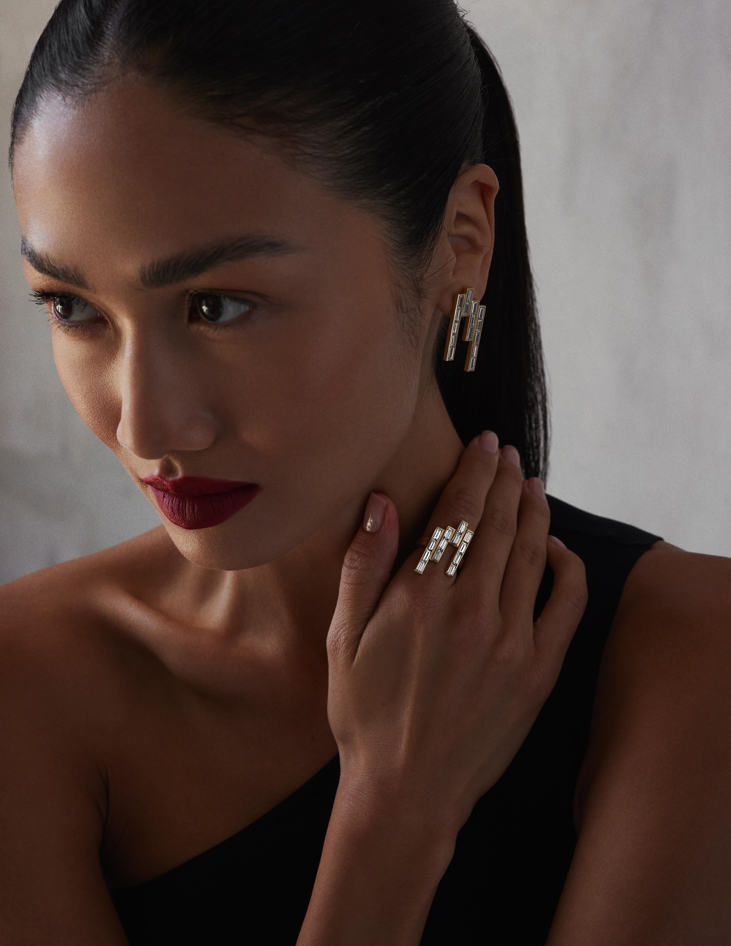 The Tallulah Earrings:. These Art Deco earrings are perfect for an elevated daytime style or a dramatic evening one. Matches perfectly with the Tallulah Ring. Retails at $40,000 with natural diamonds and 18k gold, these celebrity and press samples